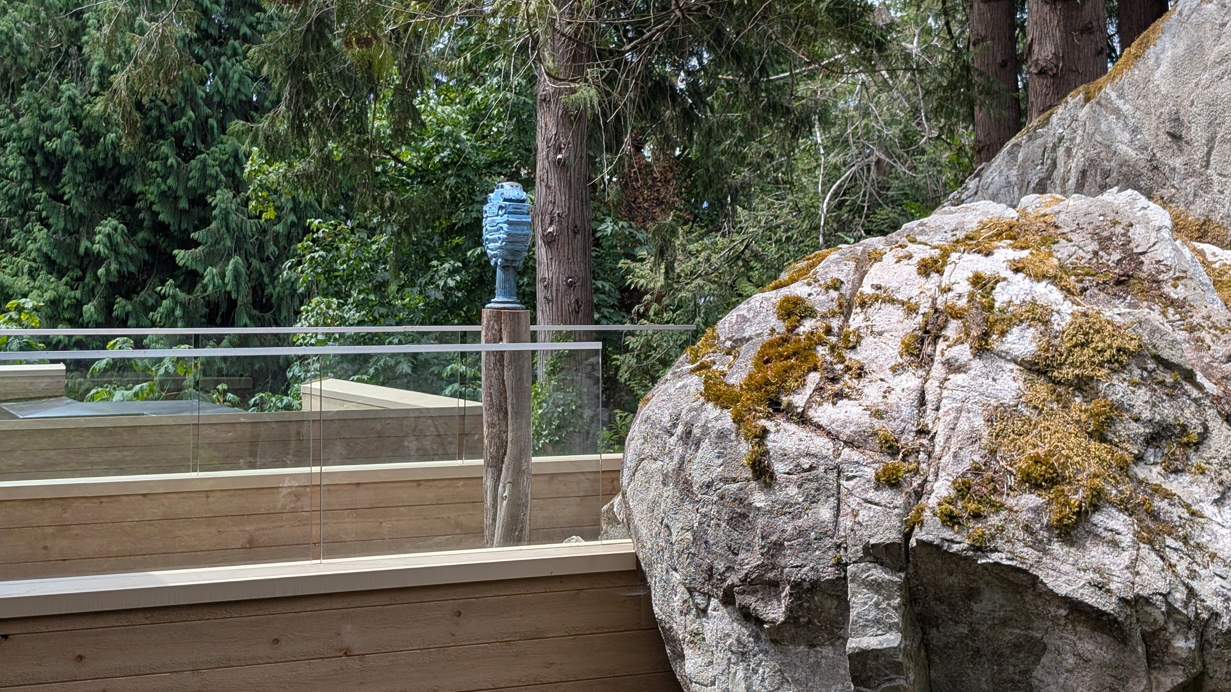 A large moss-covered rock next to a glass railing with a forest of tall trees in the background.