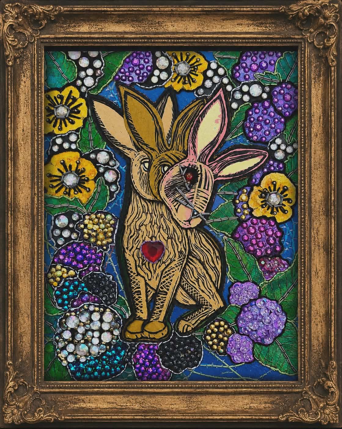 THE THREE HARES, 2026 | chine colle, woodcut print  and mixed media on paper | 9 x 12"
