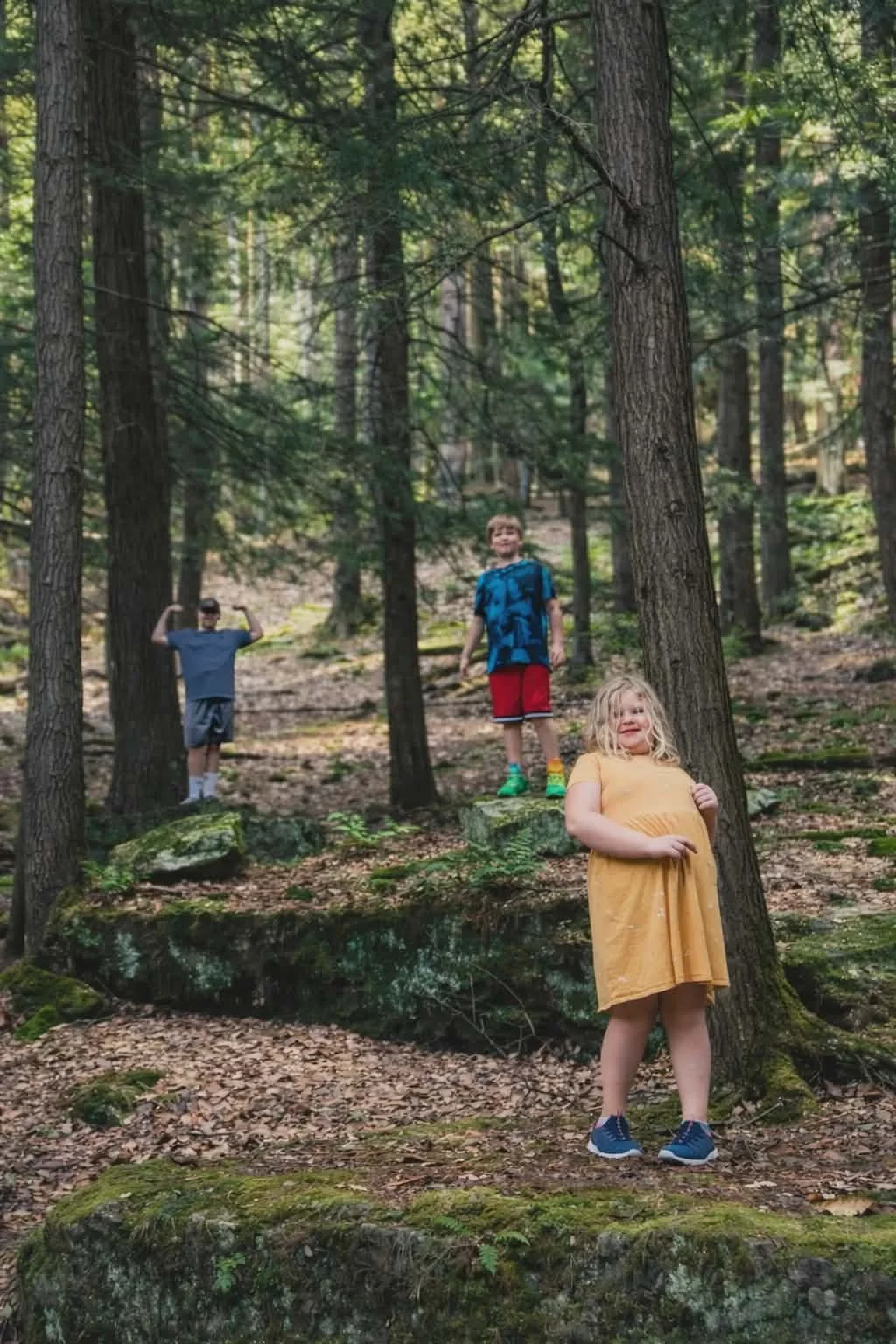Our beautiful children in the ancient Cathedral Forest. 