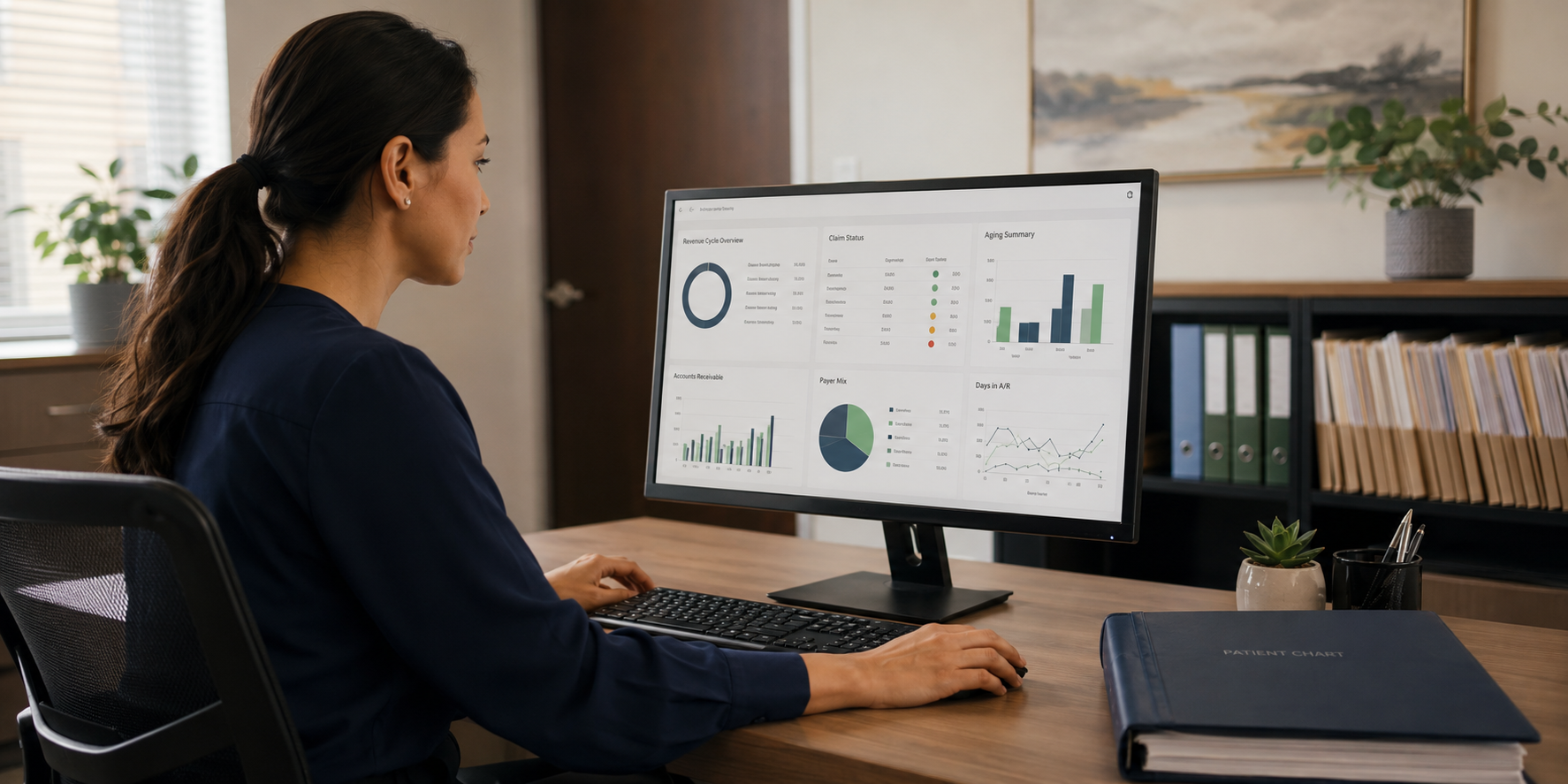 Medical billing specialist reviewing practice billing data
