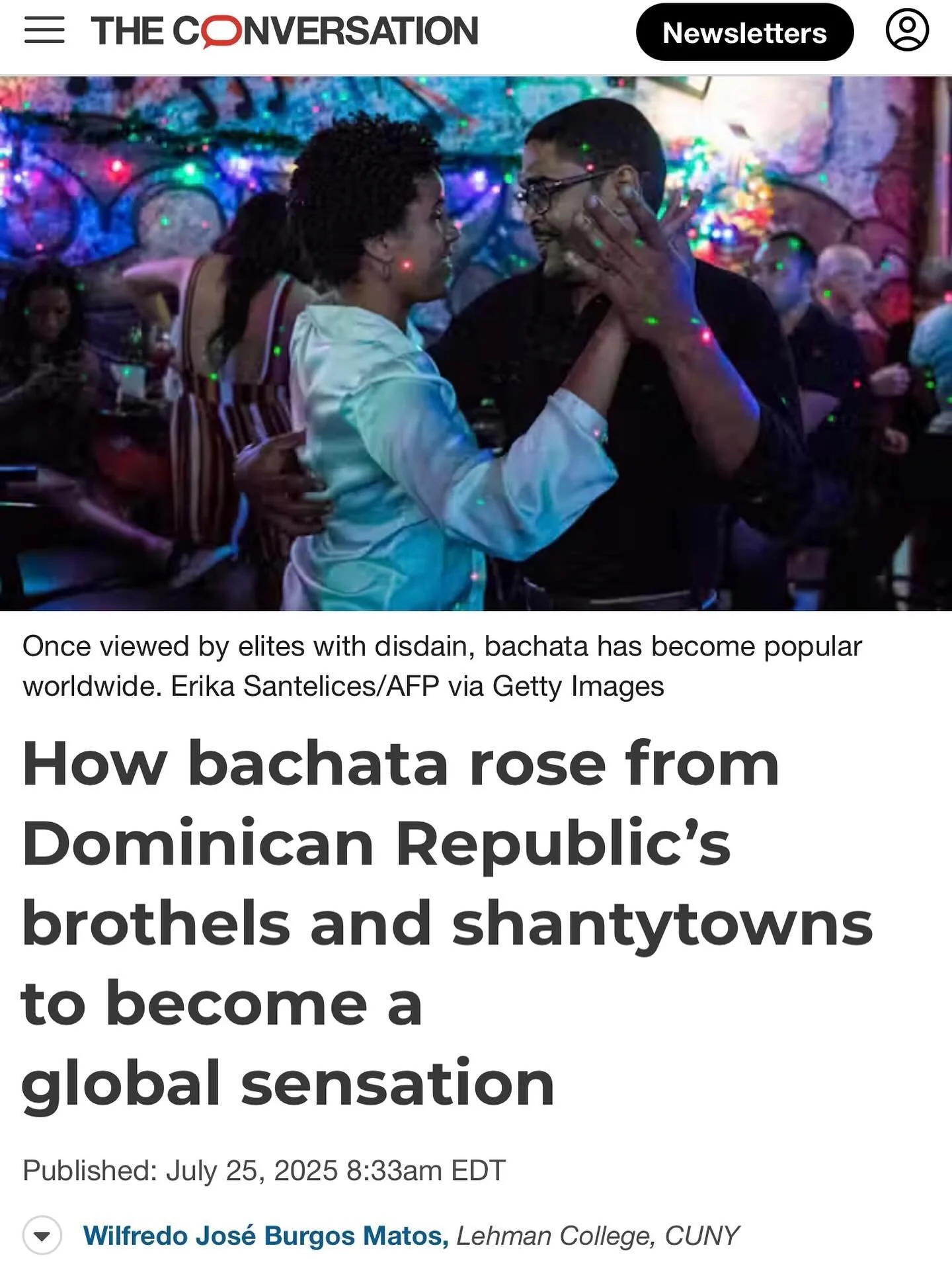 This makes me emotional! Absolutely thrilled to see my explainer article about the history of bachata published on The Conversation US. (@theconversationdotcom). Grateful to the editors, especially Kate Kilpatrick, for such a lovely invitation to pub