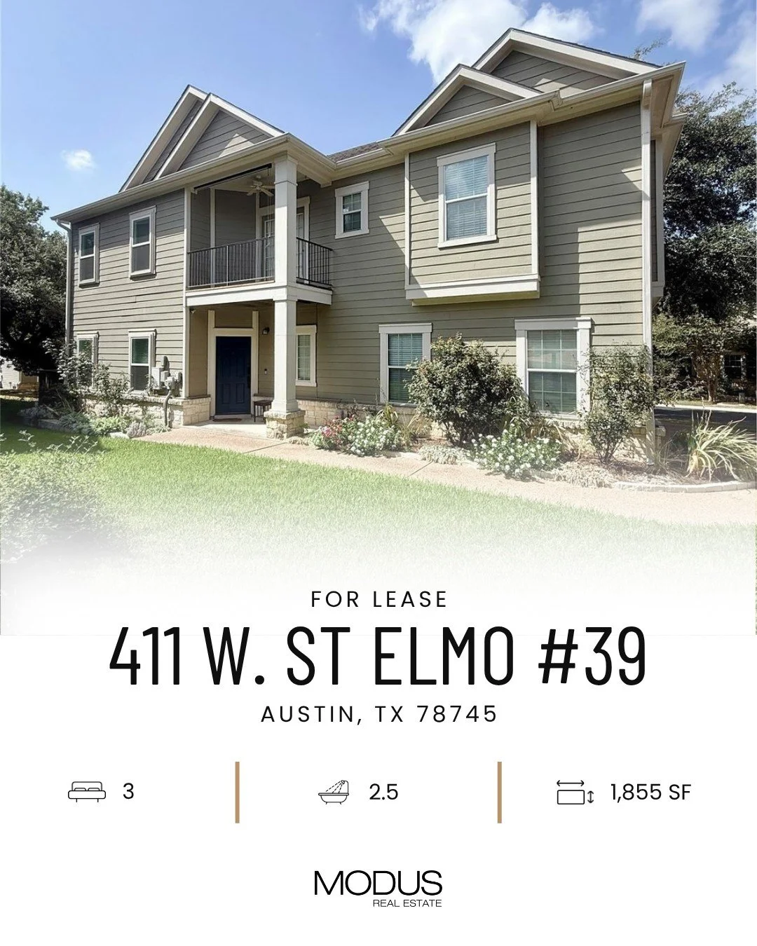 For lease in 78745: 411 W St Elmo #39. $3,250/month.

This one lives more like a house than a condo. It's a fully detached standalone unit in Brookside Villas - a small gated community just off South Congress, minutes from downtown and the St Elmo di