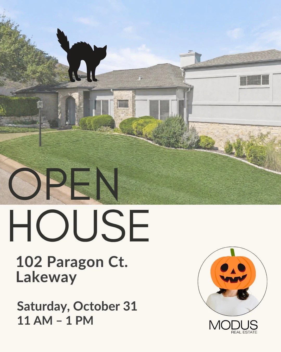 There is nothing SPOOKY about this house.  Come see for yourself tomorrow from 11-1. 

102 Paragon is situated in Lakeway, close to everything, including shopping, dining, and top-ranked Lake Travis schools. 

3 beds, 2.5 baths, tons of storage, ampl