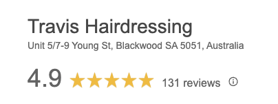 Google review rating for Travis Hairdressing in Blackwood, showing a 4.9 star rating from 131 reviews.