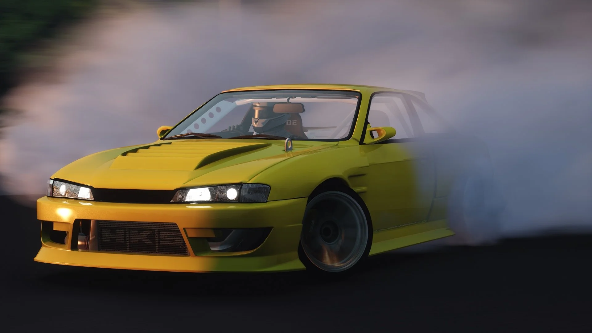 A yellow modified sports car drifting around a corner, generating tire smoke on a road during dusk or dawn.