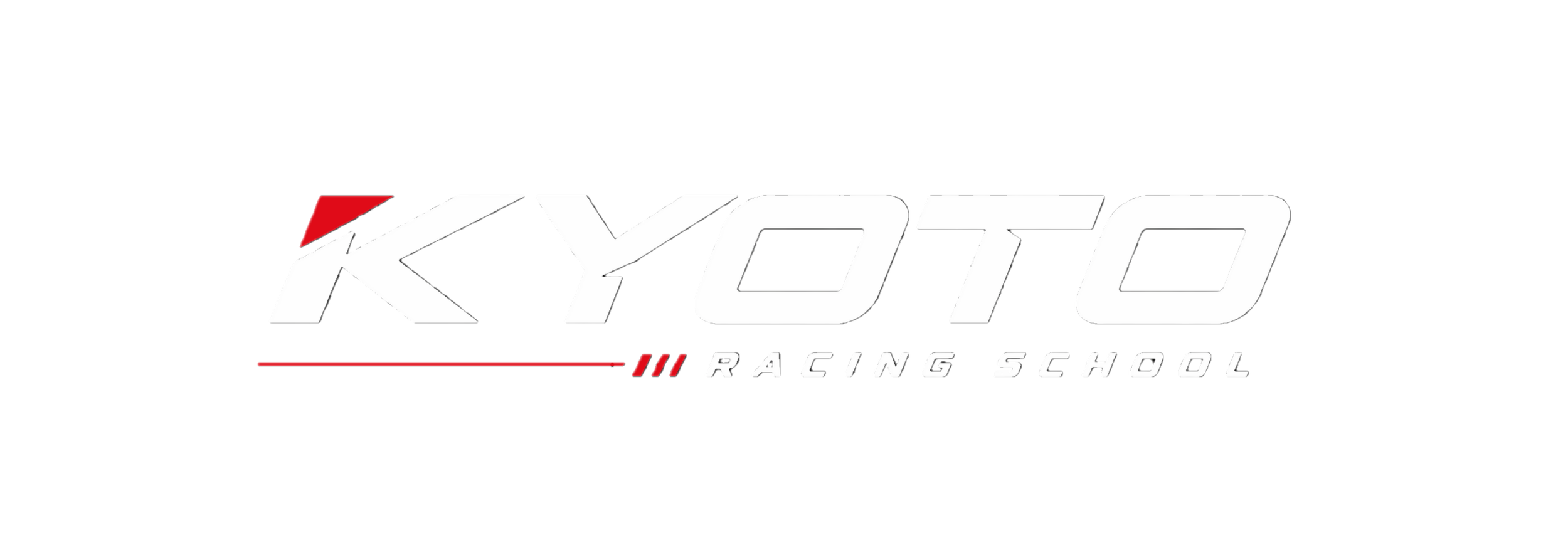 Logo for KYOTO Racing School, featuring a stylized white text with red and black design elements on a black background.