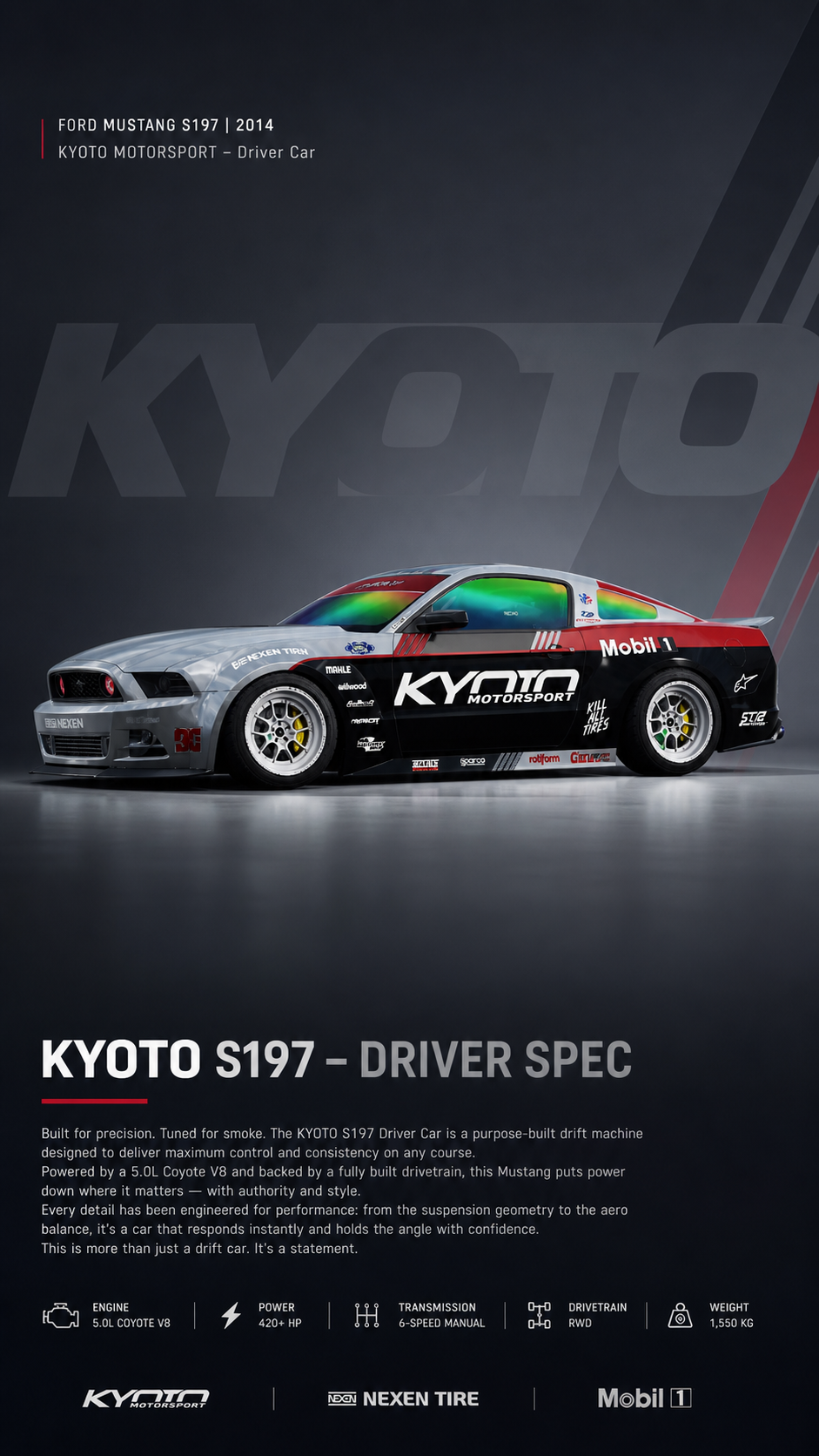 A detailed poster showcasing the 2014 Kyoto Motorsport Ford Mustang S197 race car, highlighting its specifications and design features.