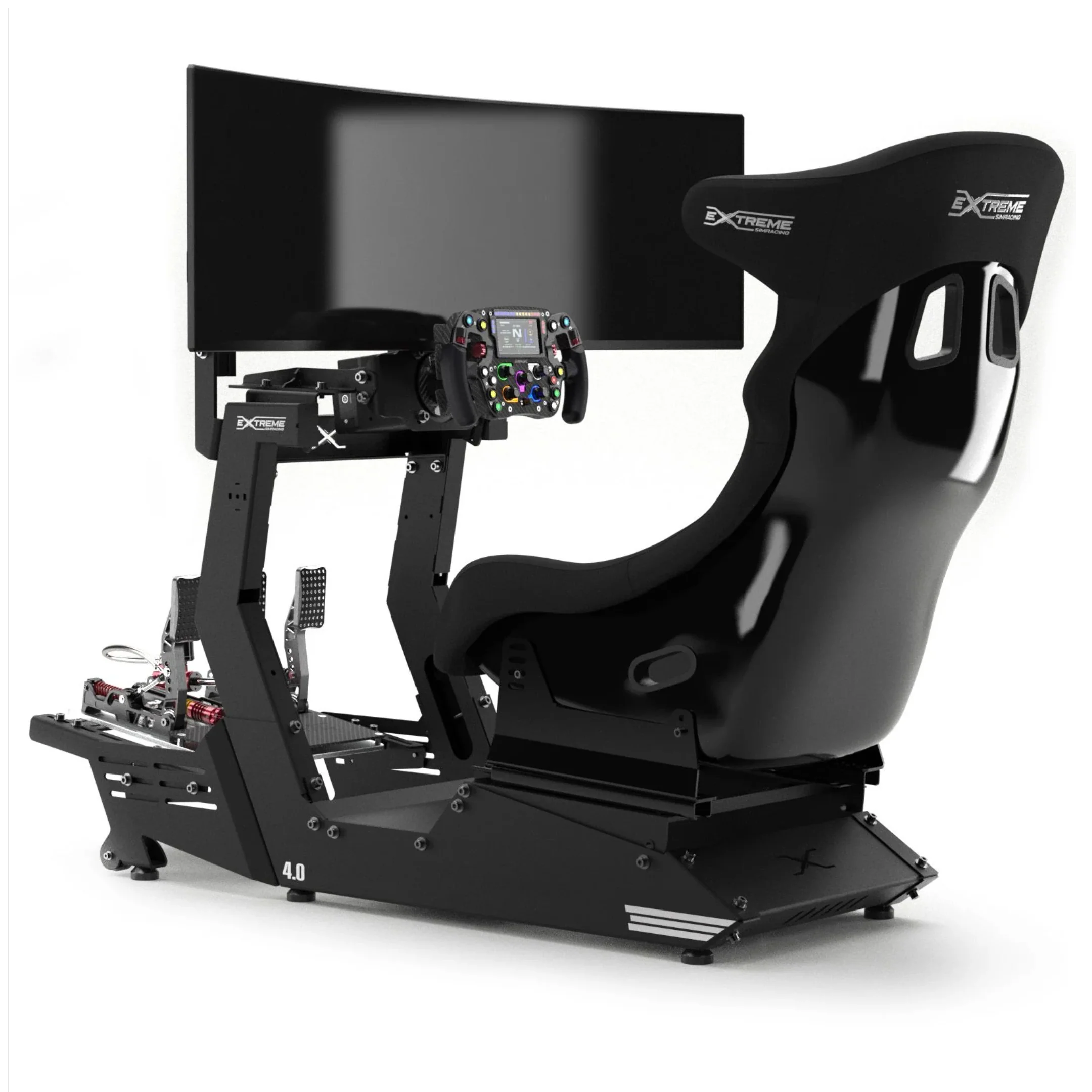 Sim racing set up including a racing seat, a large monitor, a racing wheel with pedals, all on a sturdy frame.