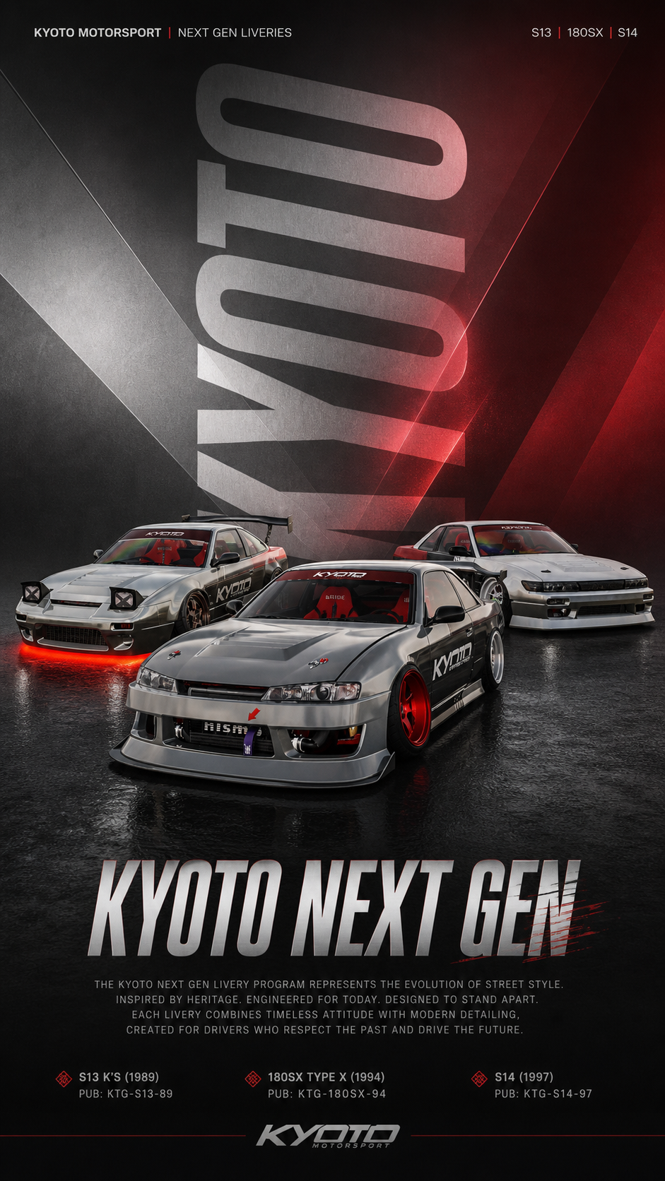 Three Nissan sports cars from the Kyoto Motorsport's next-generation livery program, featuring modern racing designs, parked on a dark surface with a large background graphic of the word 'KYOTO' and text describing the evolution of street style from 1989 to 1997.