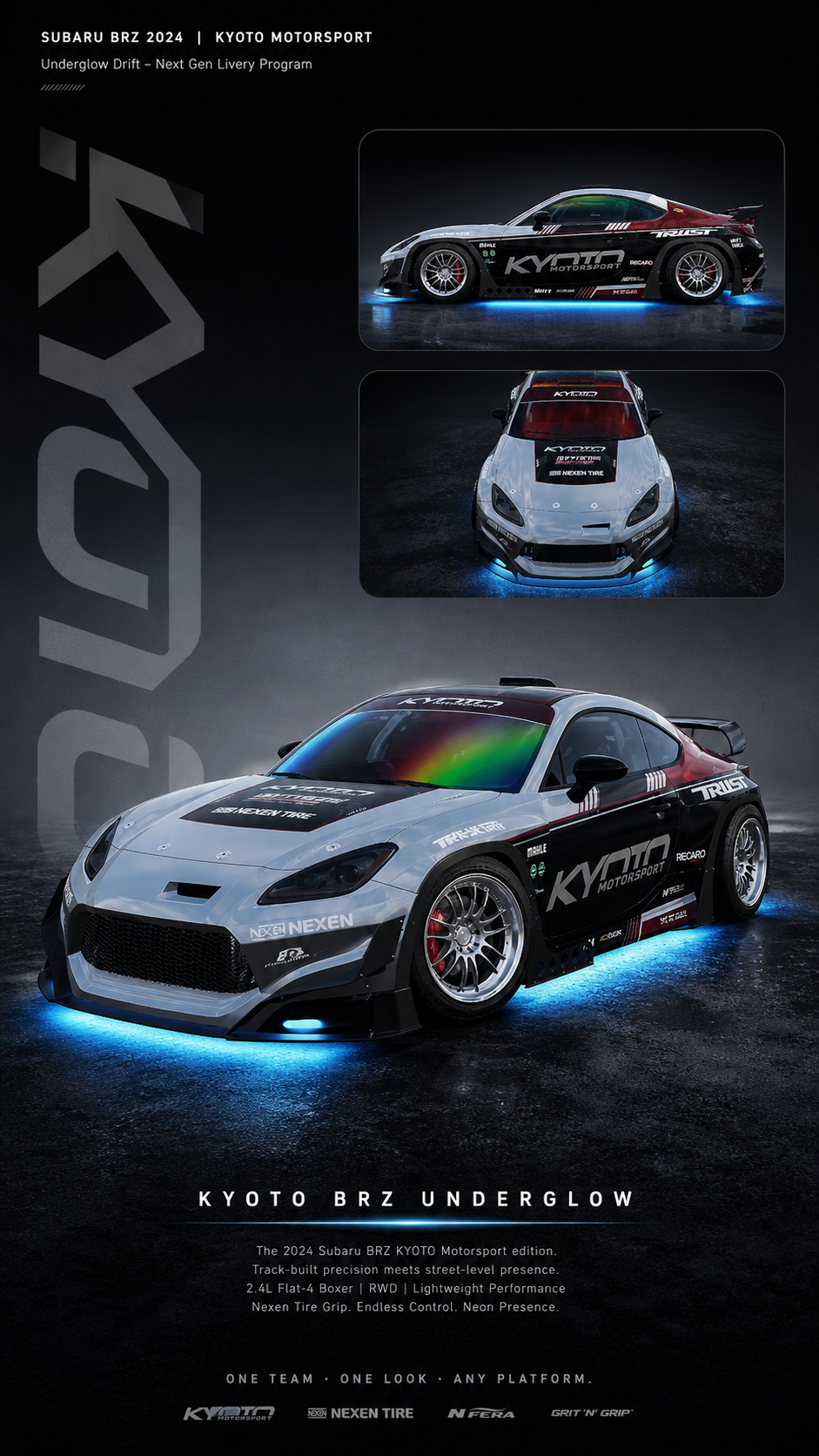 Three images of a custom race car, showcasing the exterior design from different angles. The car is black and white with KYTO MOTORSPORT branding and blue underglow lighting, emphasizing its race-ready features and modifications.