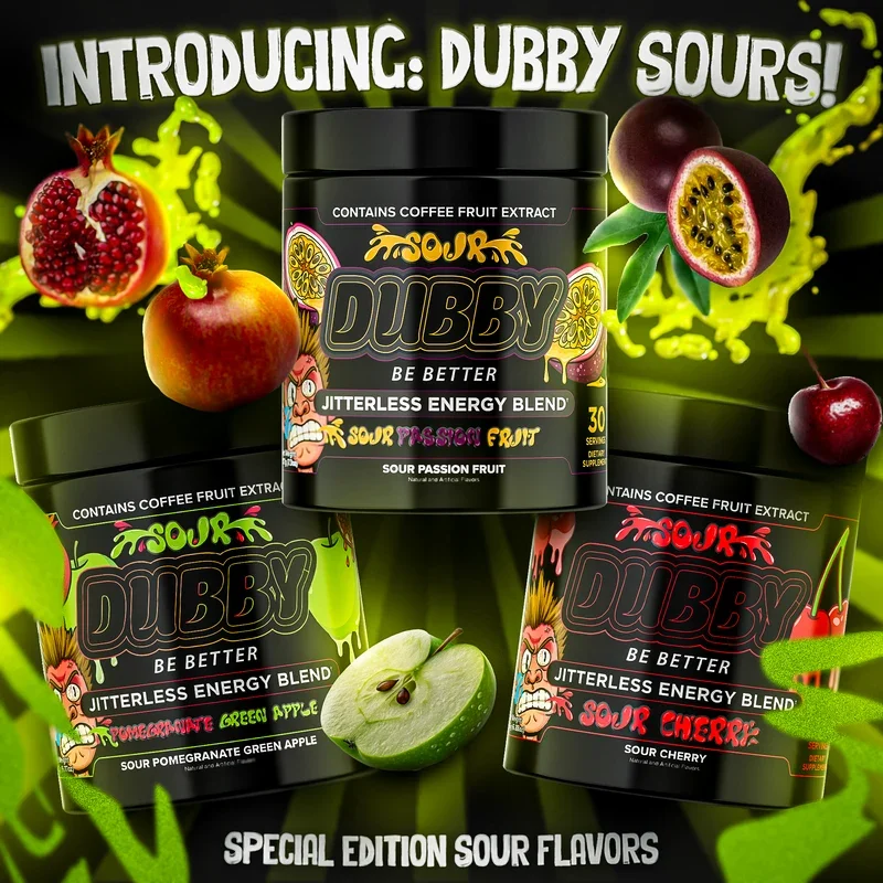 Three containers of Dubby jitterless energy blend with different sour fruit flavors: passion fruit, green apple, and cherry. The background features images of corresponding sour fruits: pomegranate, green apple, passion fruit, and cherry, with green and yellow splashes. Text at the top reads "Introducing: Dubby Sours!"