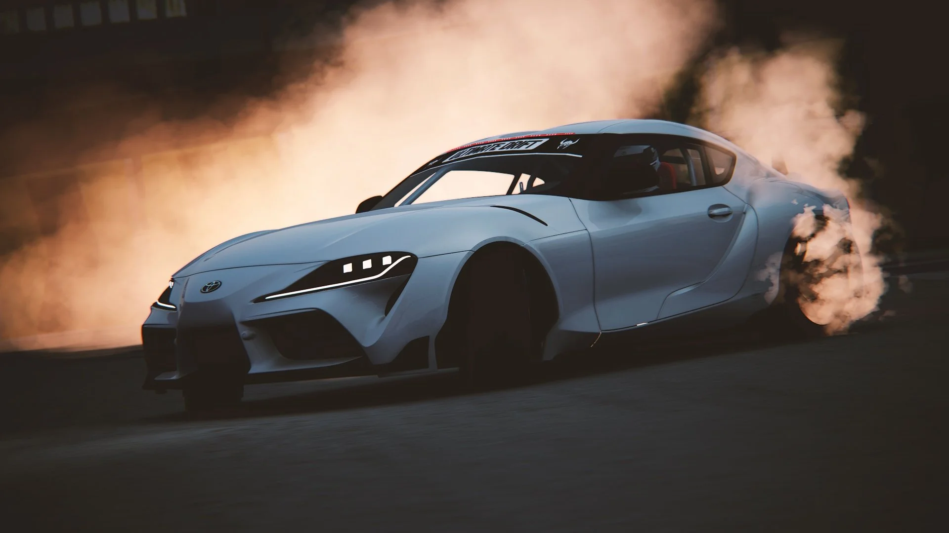 A white race car drifting on a track with smoke and tire burnout behind it, during sunset or night time.