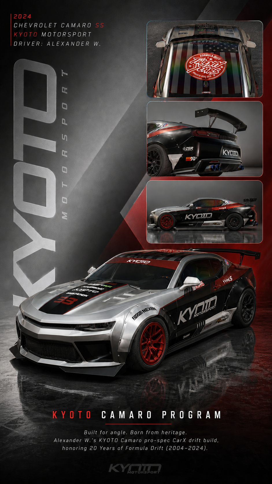 A promotional poster showcasing various modified Chevrolet Camaro race cars with racing decals and aerodynamic features, emphasizing the KYOTO Motorsport Camaro program and heritage in Formula Drift.