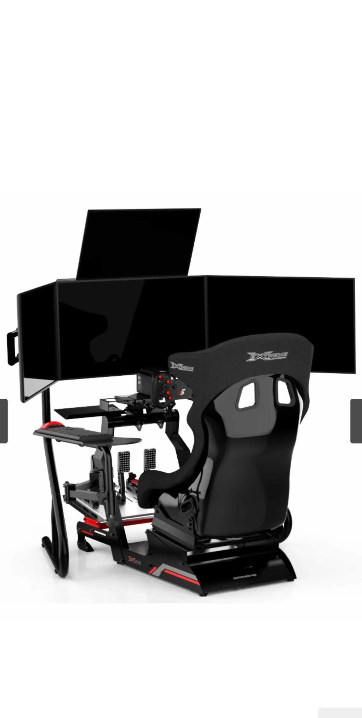 A gaming simulation setup with three curved monitors, a racing wheel, pedals, a gaming chair, a keyboard, and a mouse.