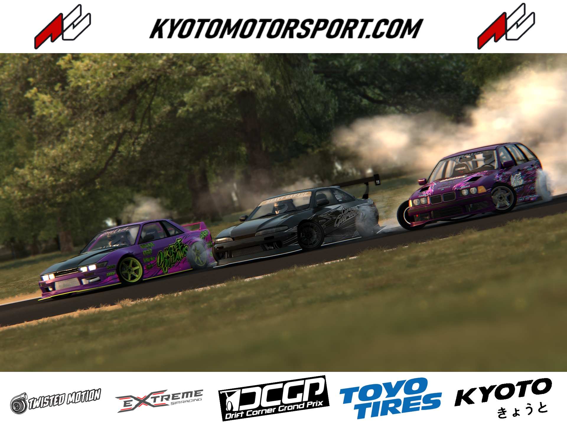 Three drift cars racing on a track, with tire smoke and trees in the background, featuring KYOTOMOTORSPORT.COM branding at the top and sponsor logos at the bottom.