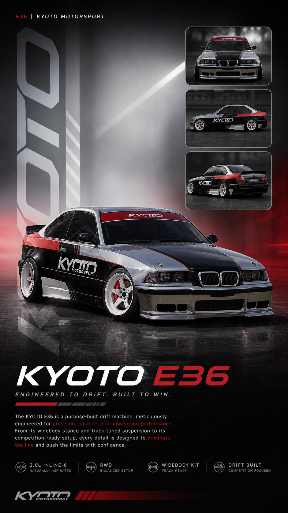 A poster showcasing the KYOTO E36 drift car with images of the car from the front, side, and rear, displaying its racing decals and modifications.