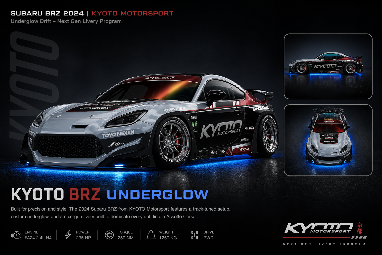 2024 Subaru BRZ race car with KYOTO Motorsport livery, featured in side and top views, underglow lighting, black and silver body with red accents, displaying information about engine, power, torque, weight, and drive type.