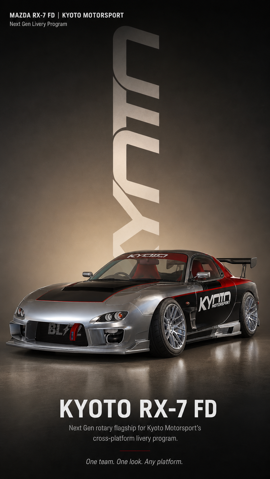 A Mazda RX-7 FD race car in a metallic silver and black racing livery with red accents, displayed in front of a gray background with the word 'CYU' large and vertically oriented. Text at the top indicates 'MAZDA RX-7 FD | KYOTO MOTORSPORT' and 'Next Gen Livery Program.' At the bottom, the text reads 'KYOTO RX-7 FD,' and details about Kyoto Motorsport's cross-platform livery program.
