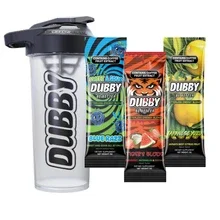 A blender bottle along with three packages of DUBBY seasoning powders in flavors Blueberry, Strawberry, and Lemon Lime.