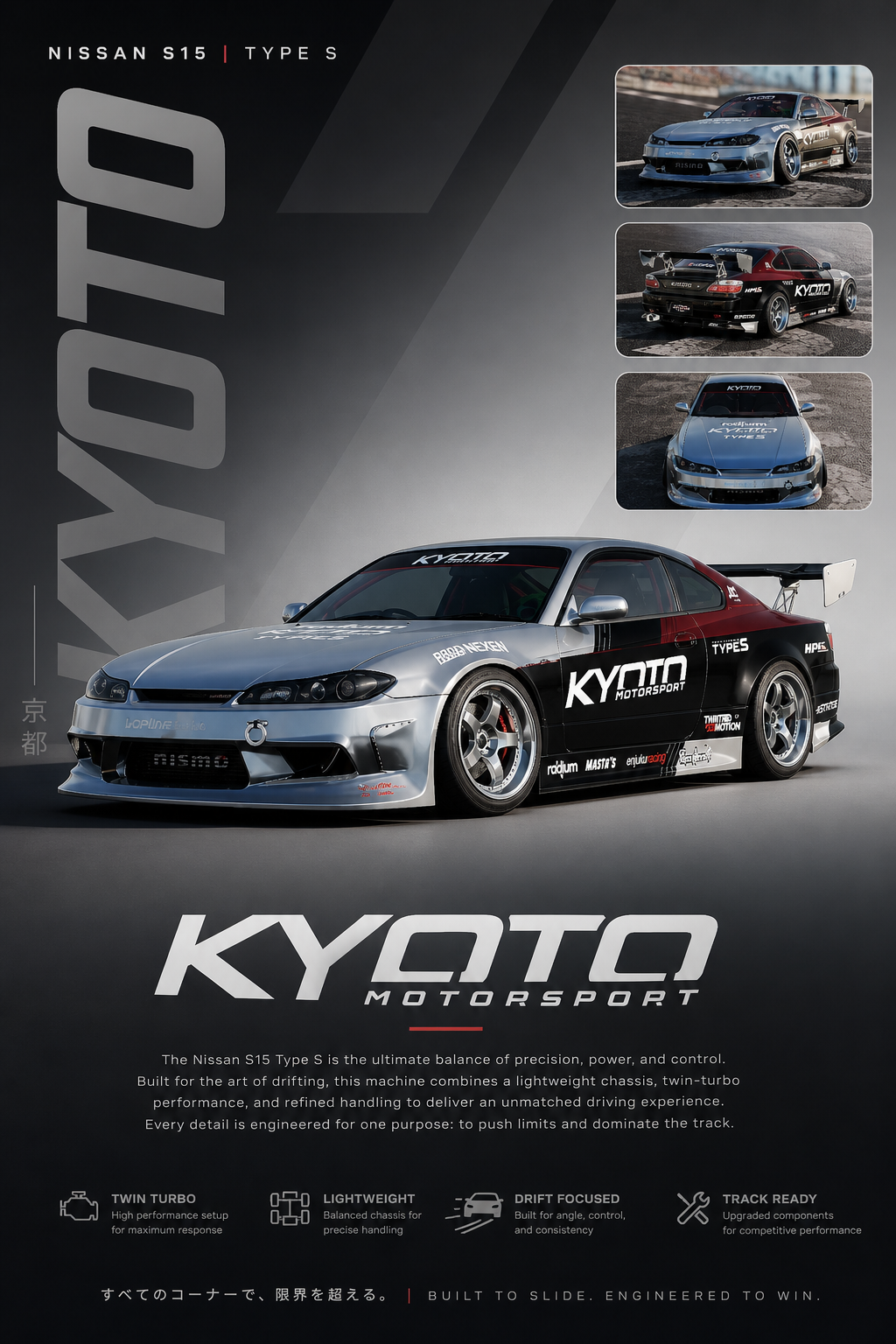 A promotional poster for the Nissan S15 Type S, showcasing a Kyuto Motorsport race car in silver and black with various racing decals, along with three smaller images of the car from different angles. The poster emphasizes features like twin turbo, lightweight chassis, drift focus, and track readiness.