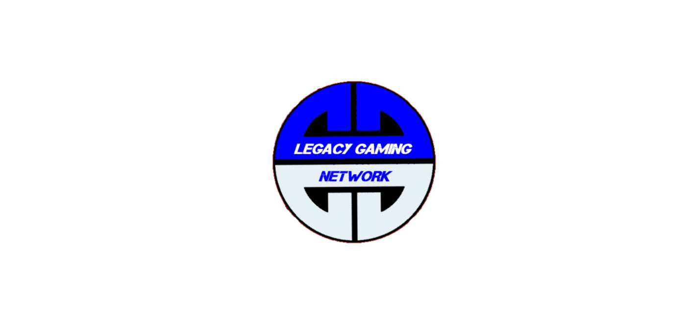 A logo with a circular design featuring the words 'LEGACY GAMING' and 'NETWORK' separated by a stylized, symmetrical graphic in black. The upper half of the circle is blue, and the lower half is white.