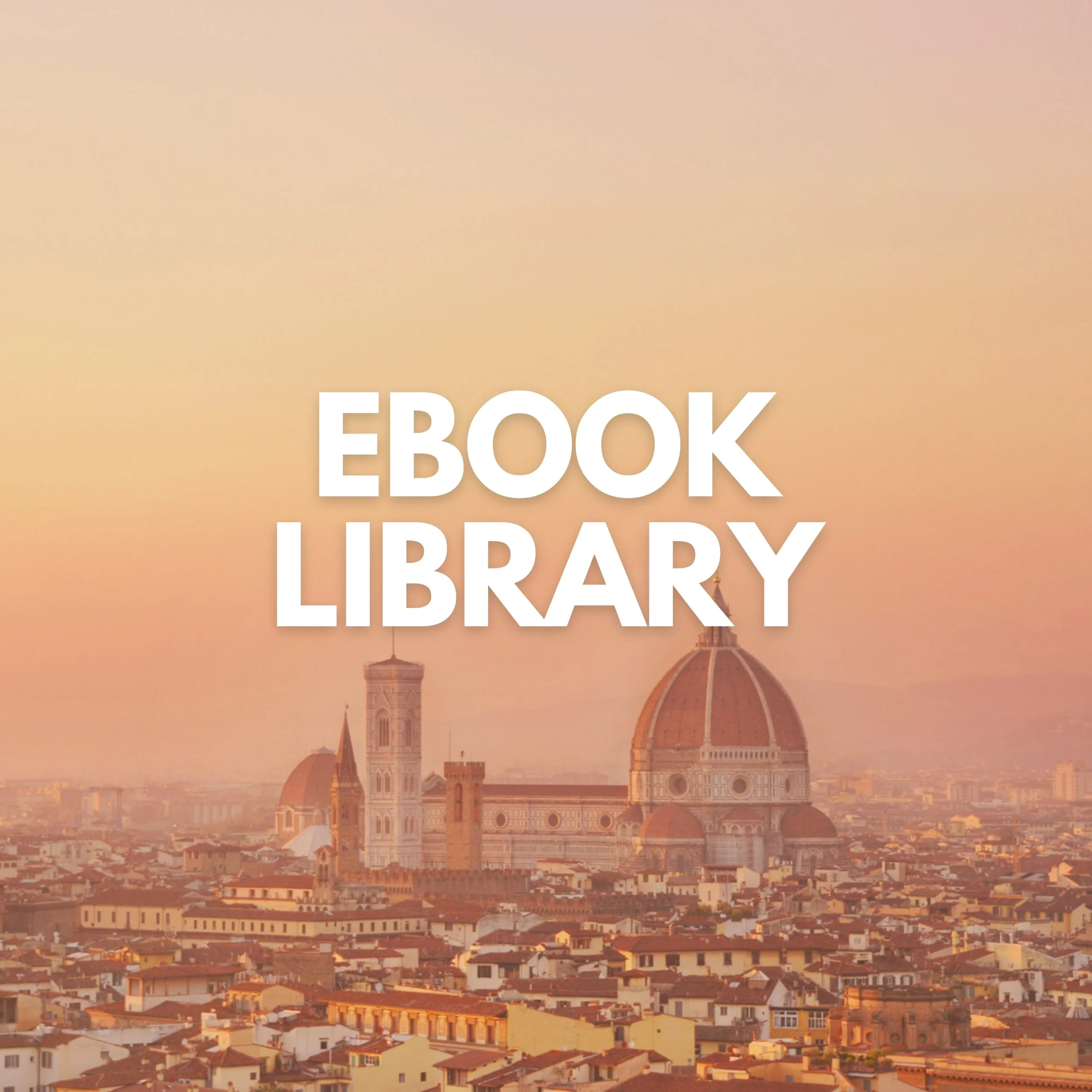 Cityscape of Florence, Italy at sunset with the Cathedral of Santa Maria del Fiore, also known as the Duomo, prominent in the background. Overlaid text reads 'Ebook Library'.