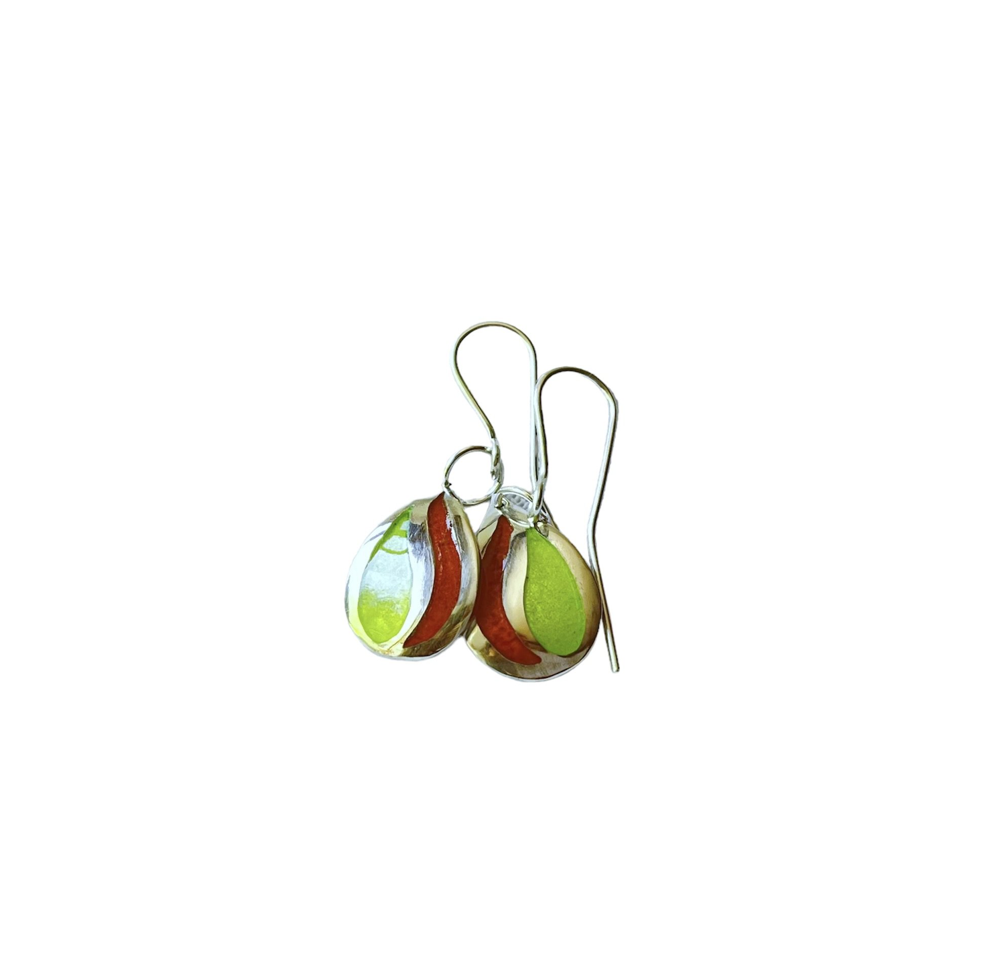 Sterling silver teardrop shaped earrings with citrus colour enamels. Drop style earrings