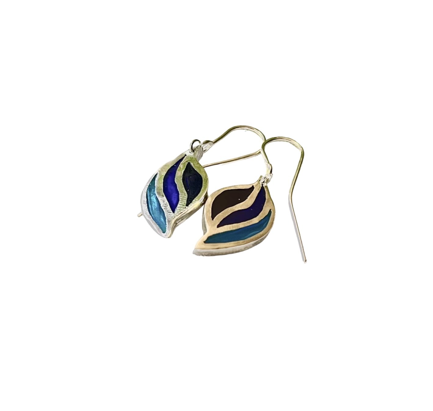 Sterling silver enamel earrings. Shades of blue thess are drop style earrings
