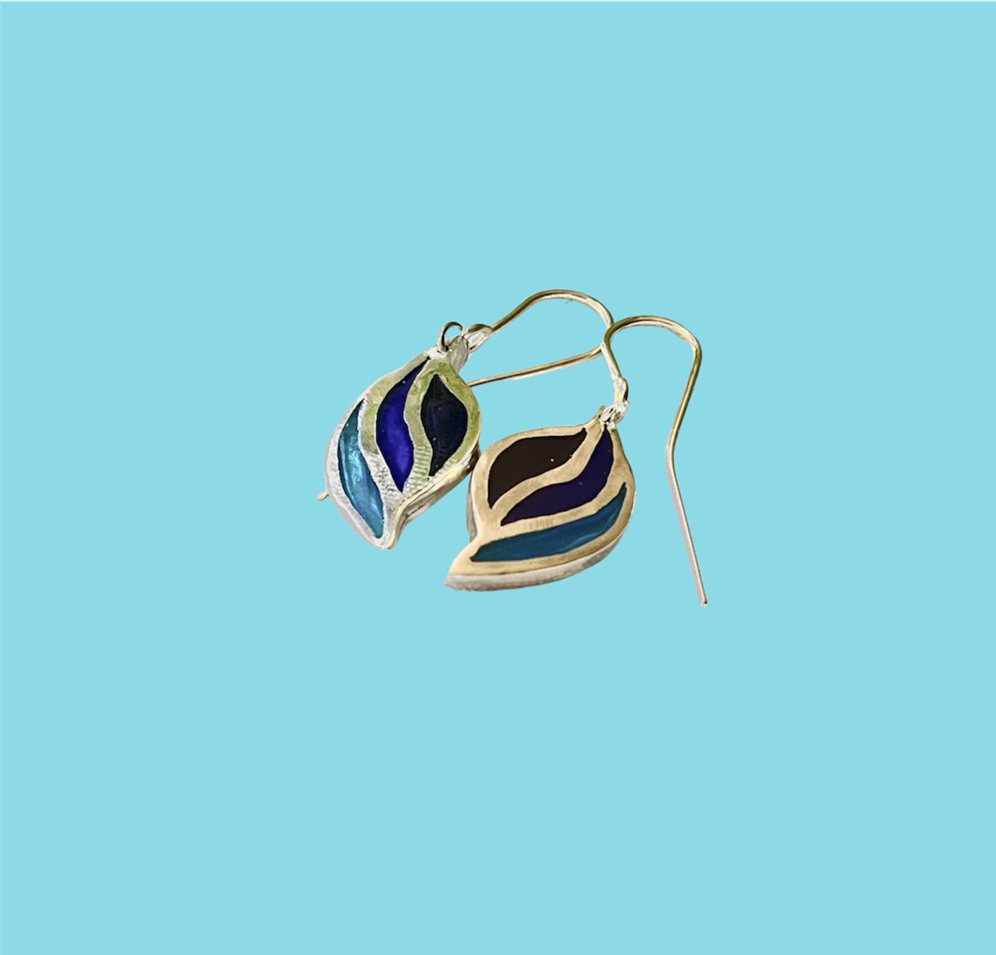 Sterling silver enamel earrings. Shades of blue thess are drop style earrings