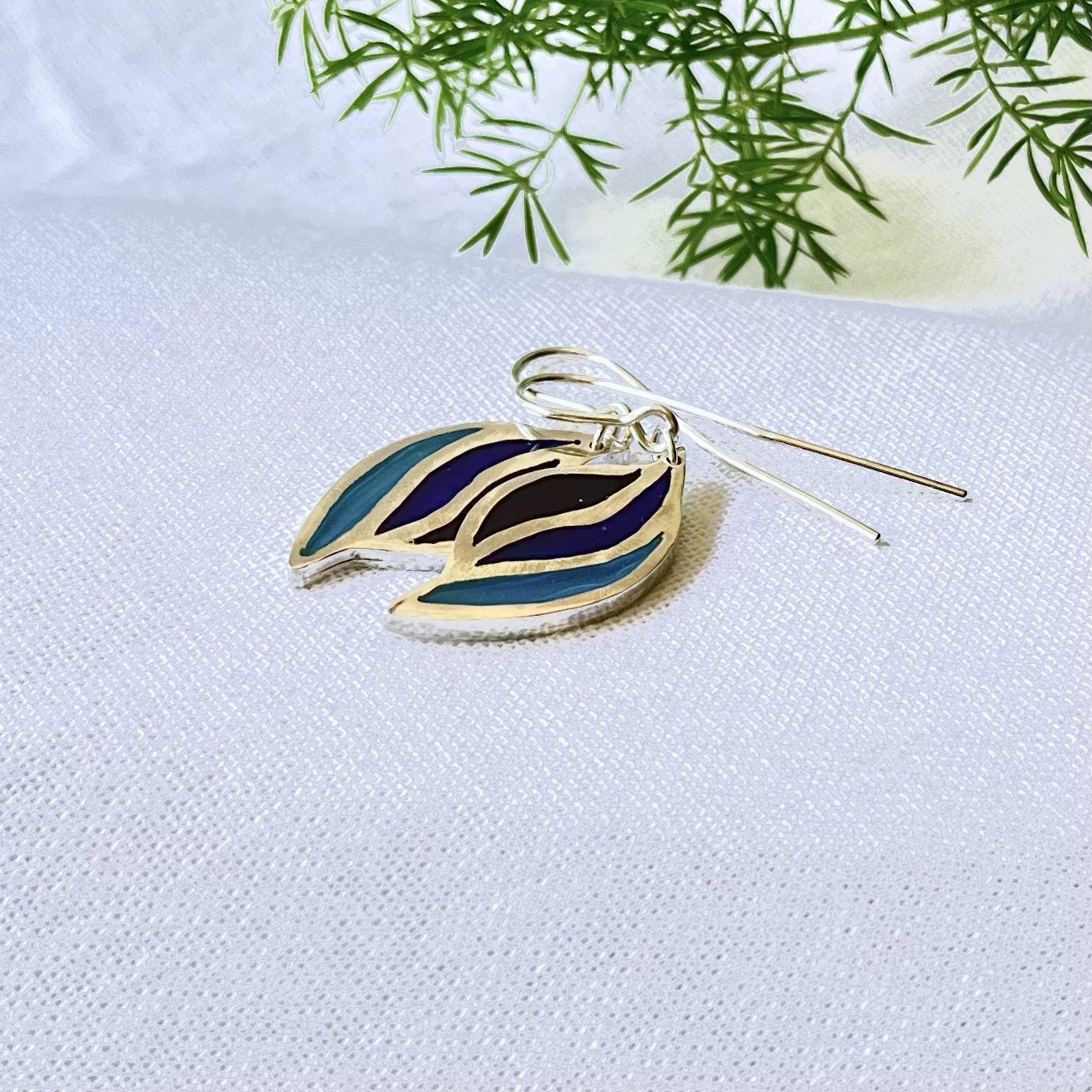 Sterling silver enamel earrings. Shades of blue thess are drop style earrings