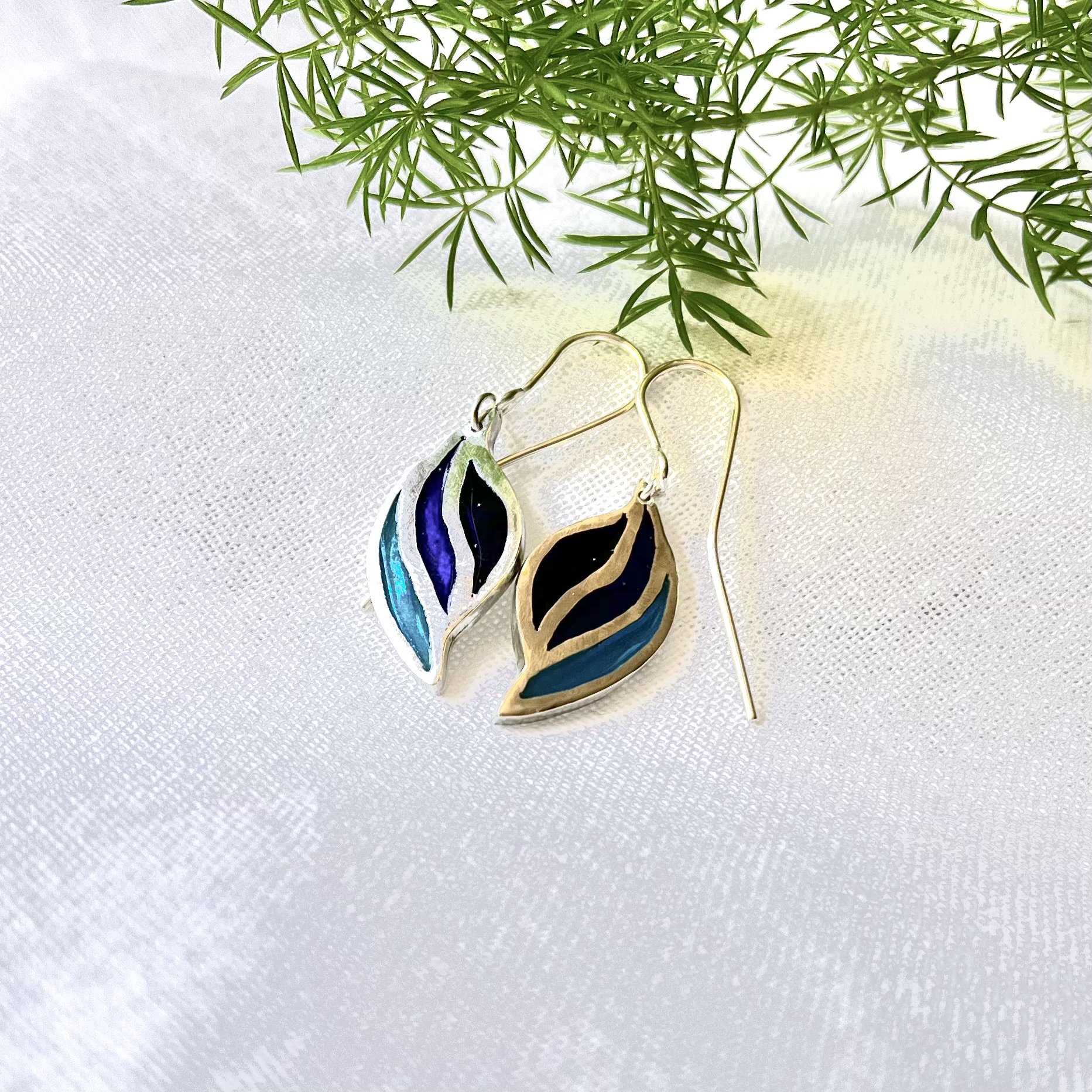 Sterling silver enamel earrings. Shades of blue thess are drop style earrings