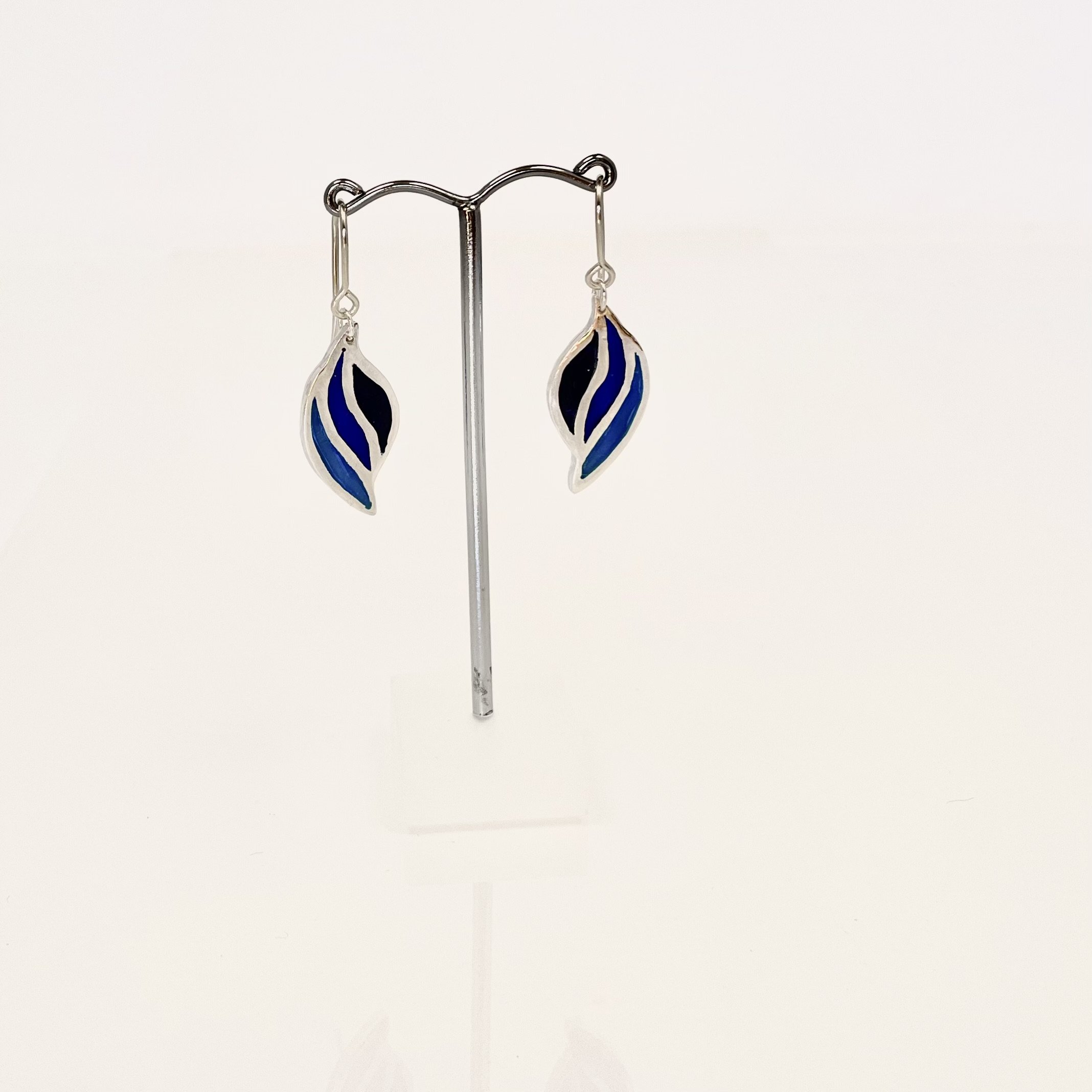 Sterling silver enamel earrings. Shades of blue thess are drop style earrings