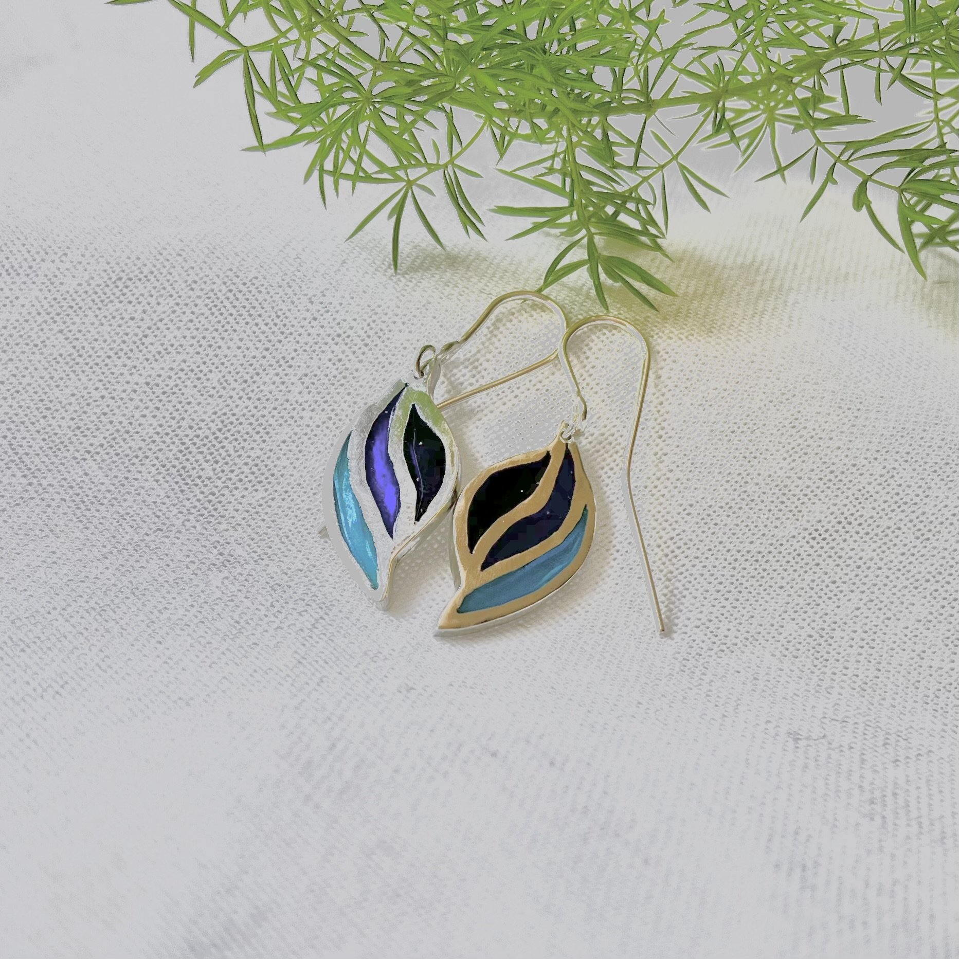 Sterling silver enamel earrings. Shades of blue thess are drop style earrings