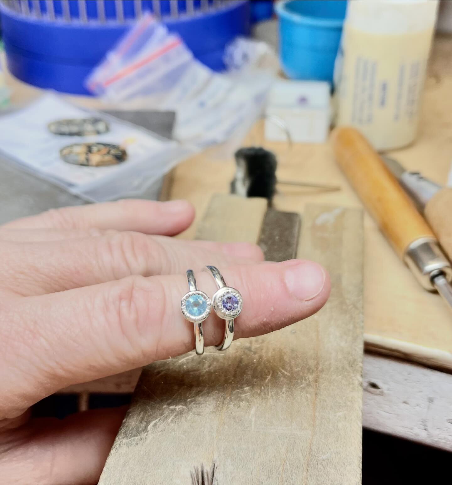 Hi. Here is a closer look the peridot ring. This one is in actually a QLD peridot it is quite stunning. The other 2 are cute gemstone stack ring the blue is topaz and the purple a tanzanite. I will have these and more at Fullarton Market this Saturda