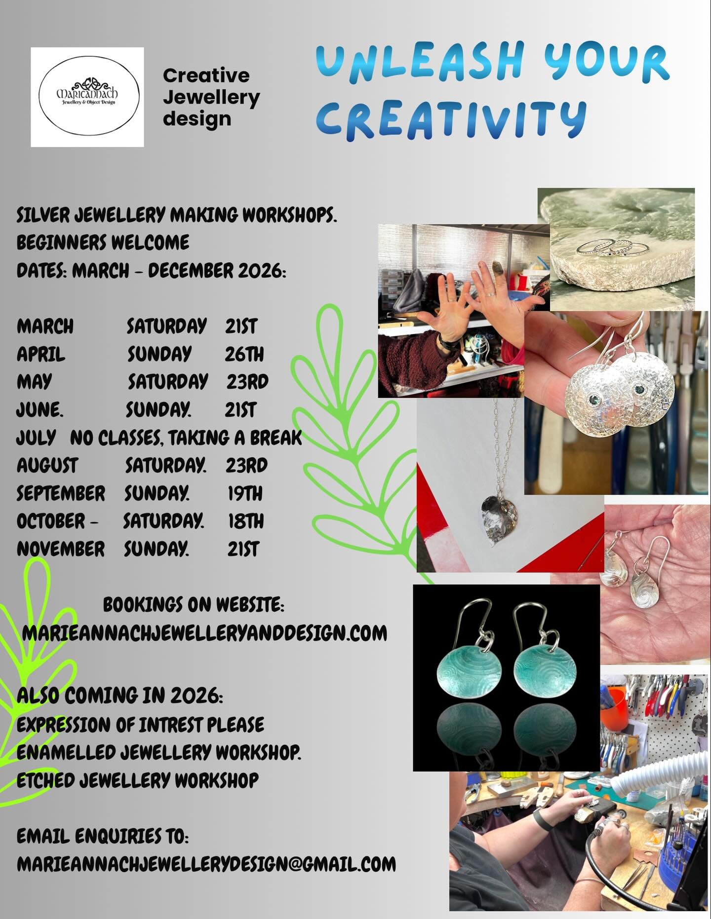 New dates for jewellery workshops are out😃Also looking for expressions of interest for two 2 day workshops one on enamelling and one on metal etching. Check it out.