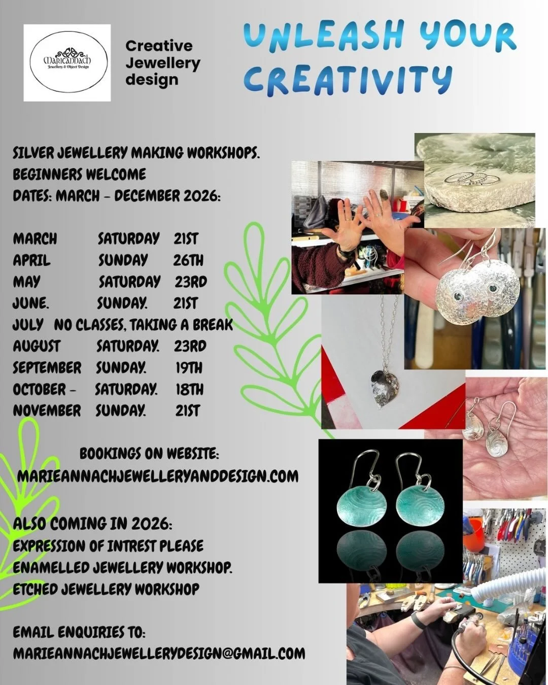 3 places left for May 23rd workshop.  Learn the skills to  make your own very special piece of jewellery.  Takeaway your finished piece on the day. 
 
Light refreshments provided. 

Book through my website. 

https://www.marieannachjewelleryanddesign
