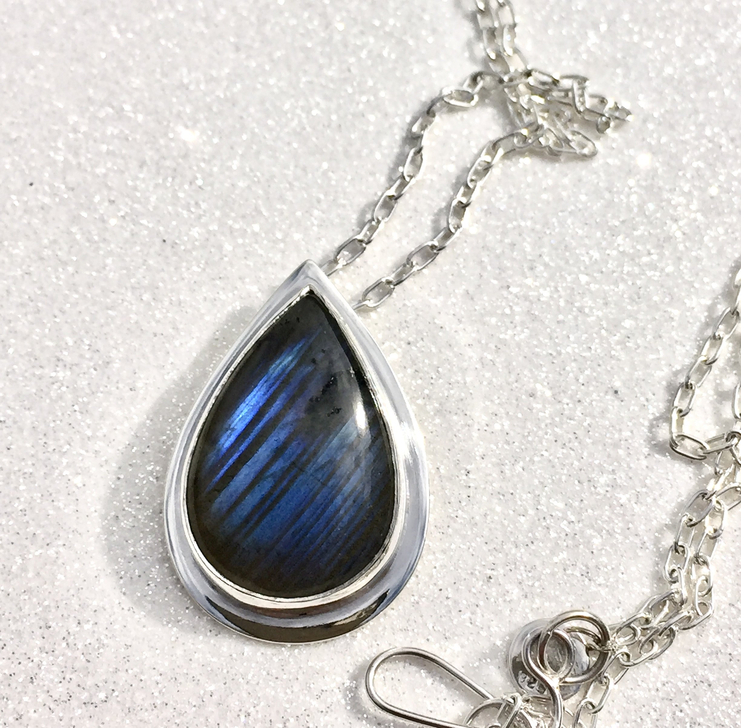 Labarodite necklace. Custom made in sterling silve.r front view