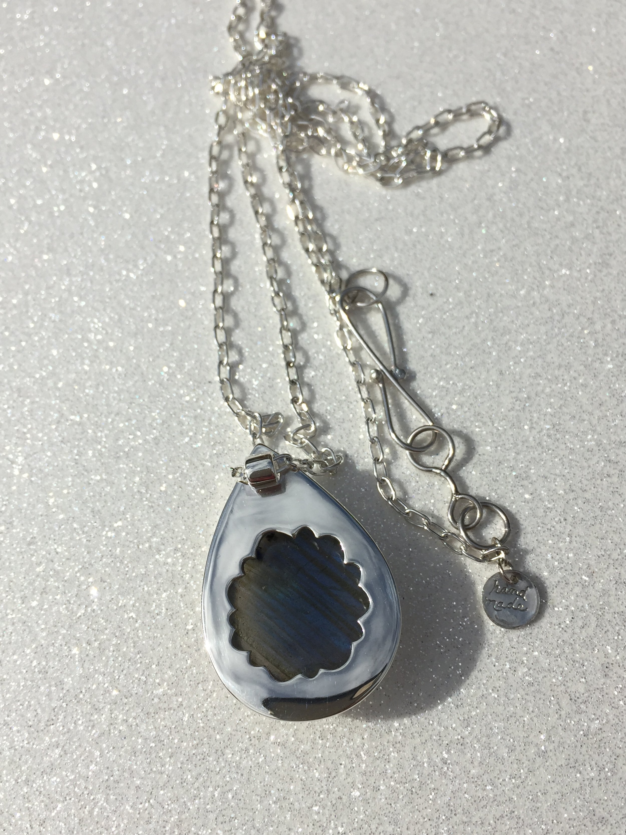 Labarodite necklace. Custom made in sterling silver. Back view