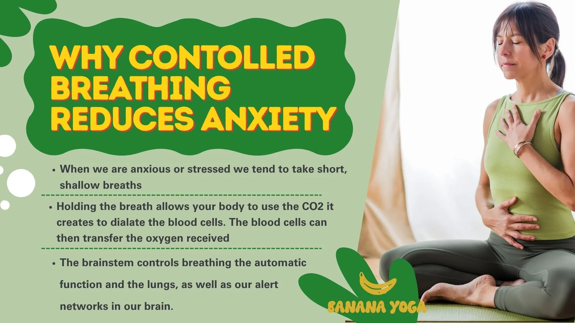 An educational graphic titled "Why Controlled Breathing Reduces Anxiety" featuring a woman practicing mindful breathing in a yoga pose.