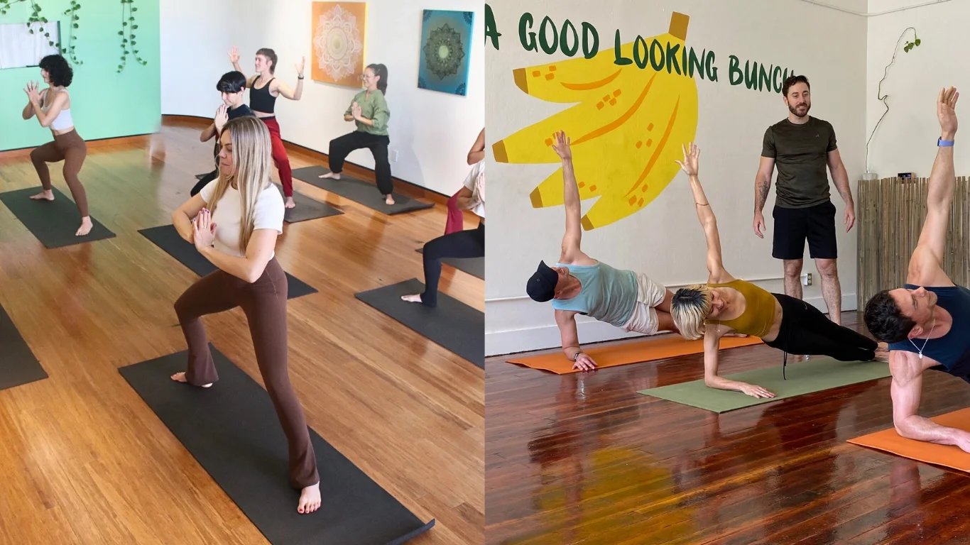 Split image showing a group practicing standing yoga poses on the left and participants holding side planks in a pilates class on the right.