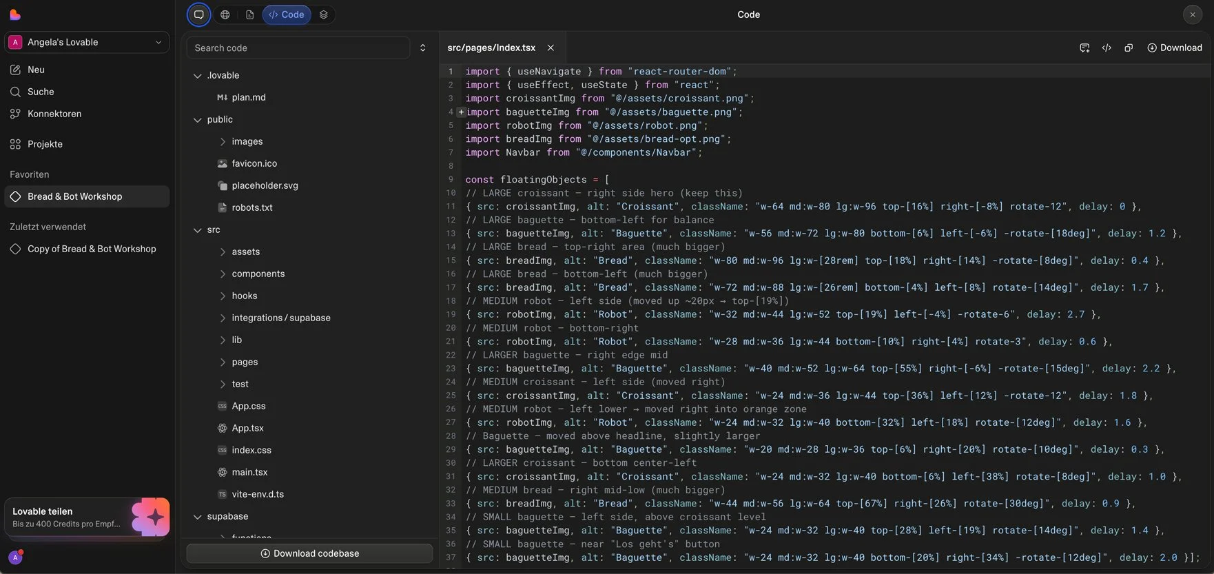 Einblick in den Quellcode der mit Lovable entwickelten Bread & Bot App, die per Vibecoding für die Team Experience erstellt wurde.