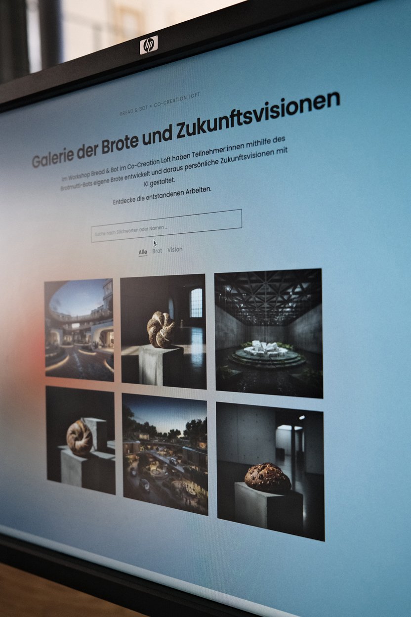 Gemeinsame Galerie mit individuellen Zukunftsbildern und Brotkunstwerken, die während der Bread-&-Bot-Team-Experience entstanden sind.