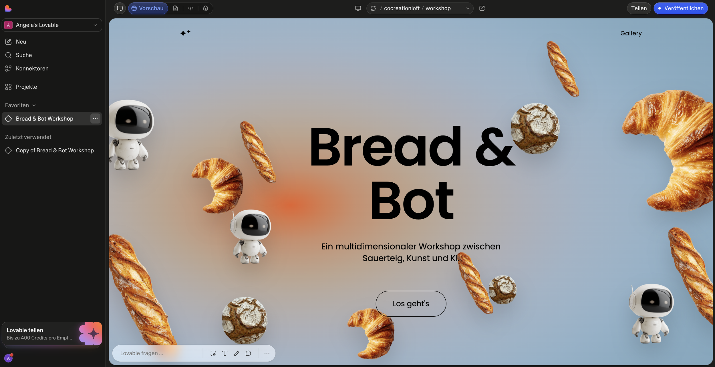 Startseite der mit Lovable entwickelten Bread & Bot App für die interaktive Team Experience mit Sauerteig, Kunst und KI