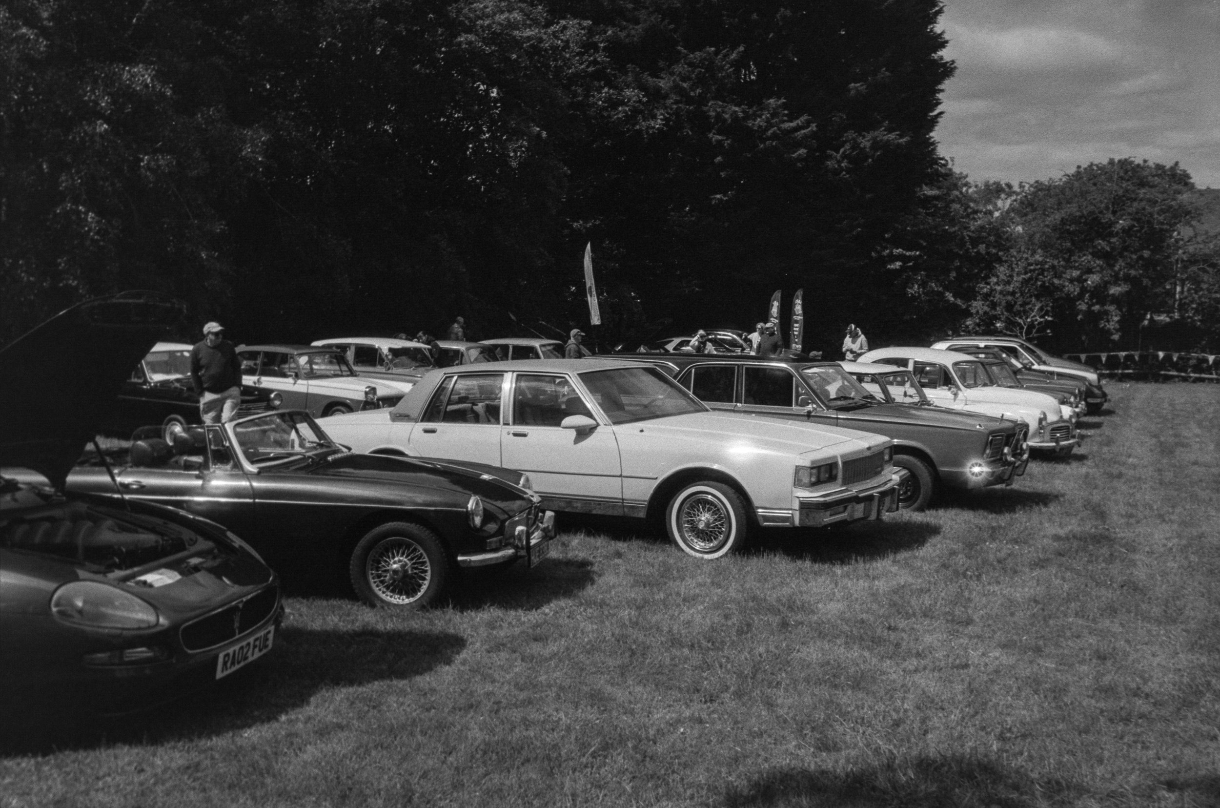 Black and white photo of a vintage car show with various classic cars parked on a grassy field and people walking around, near trees.