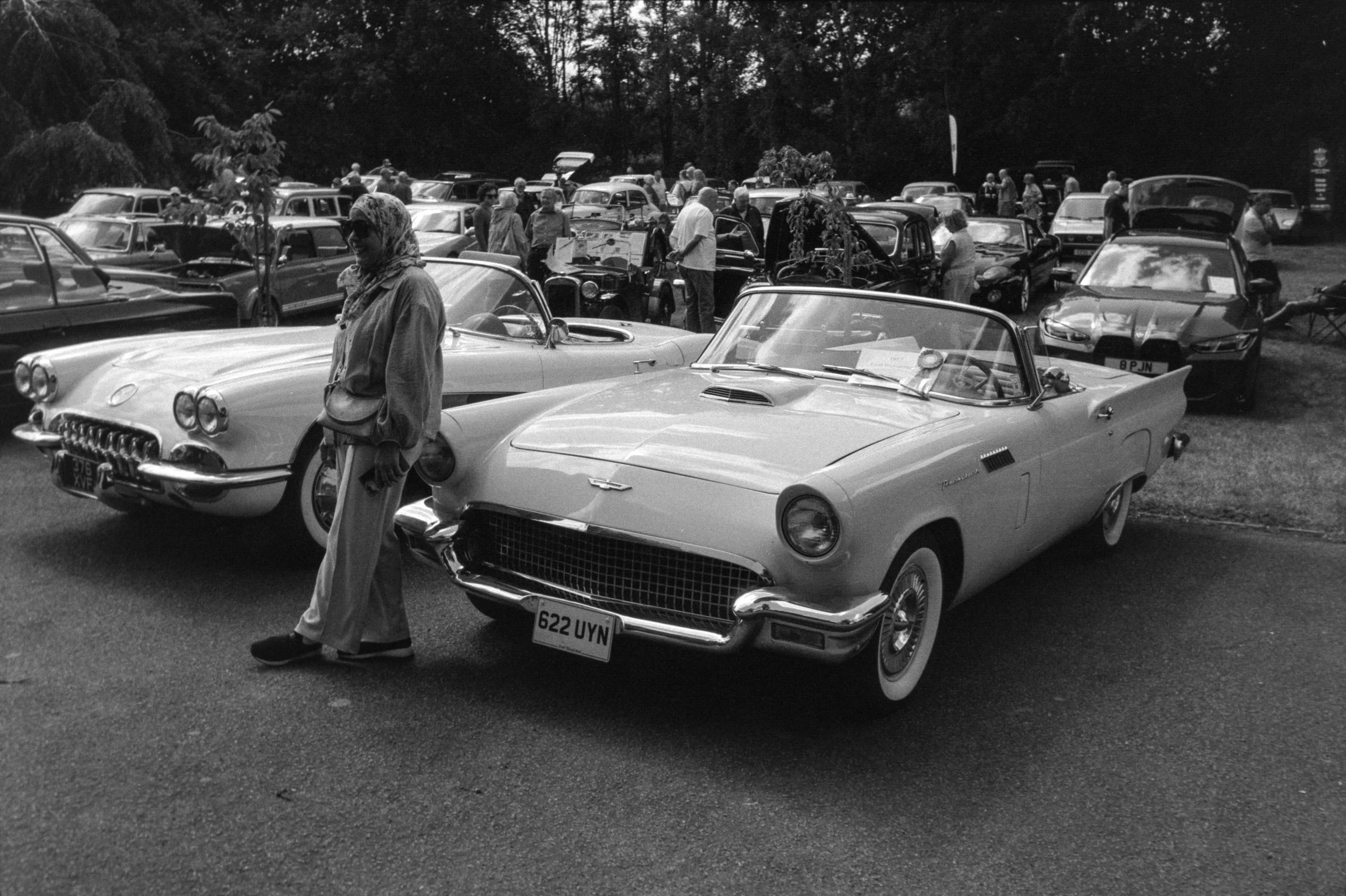 A black-and-white photo of a vintage car show with numerous classic cars and people walking around and examining the vehicles in a park setting.