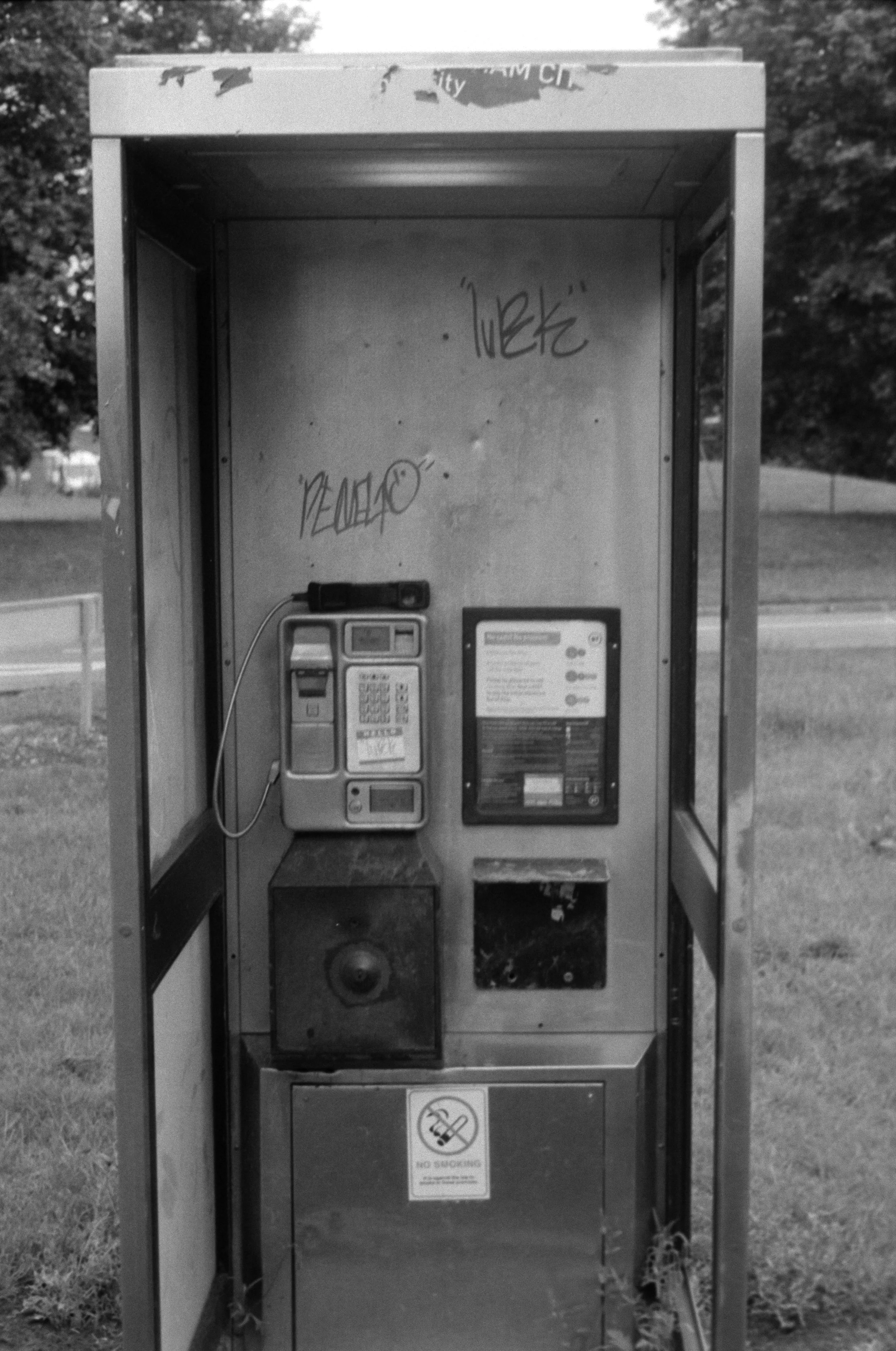 Empty payphone booth with graffiti inside and a no smoking sign at the bottom, outdoors with trees in the background.
