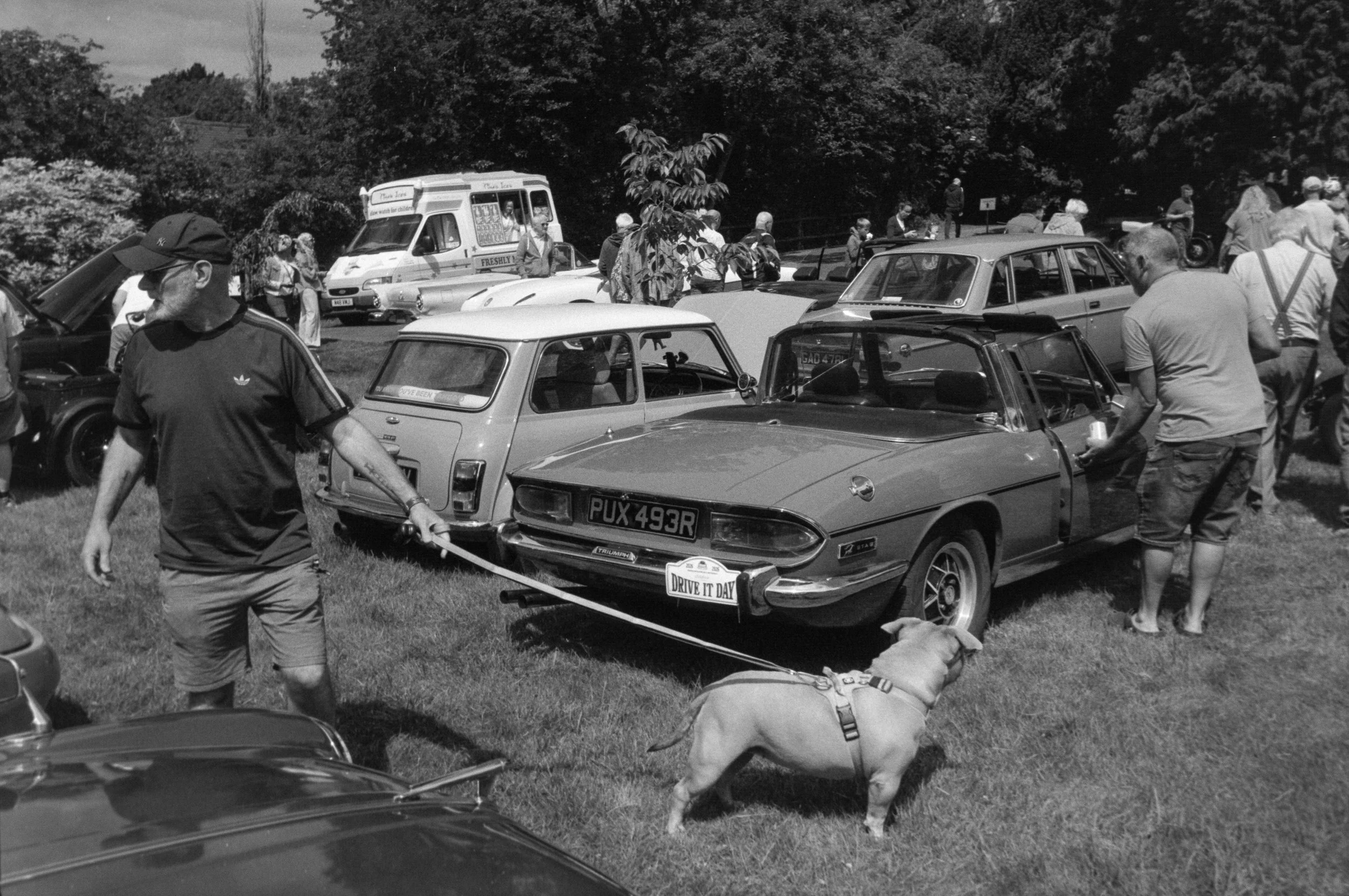 A black and white photo of a car show with numerous vintage cars and a crowd of people walking among them, some looking at the cars and others talking. There is a dog wearing a harness in the foreground and a man in a black shirt and cap walking past