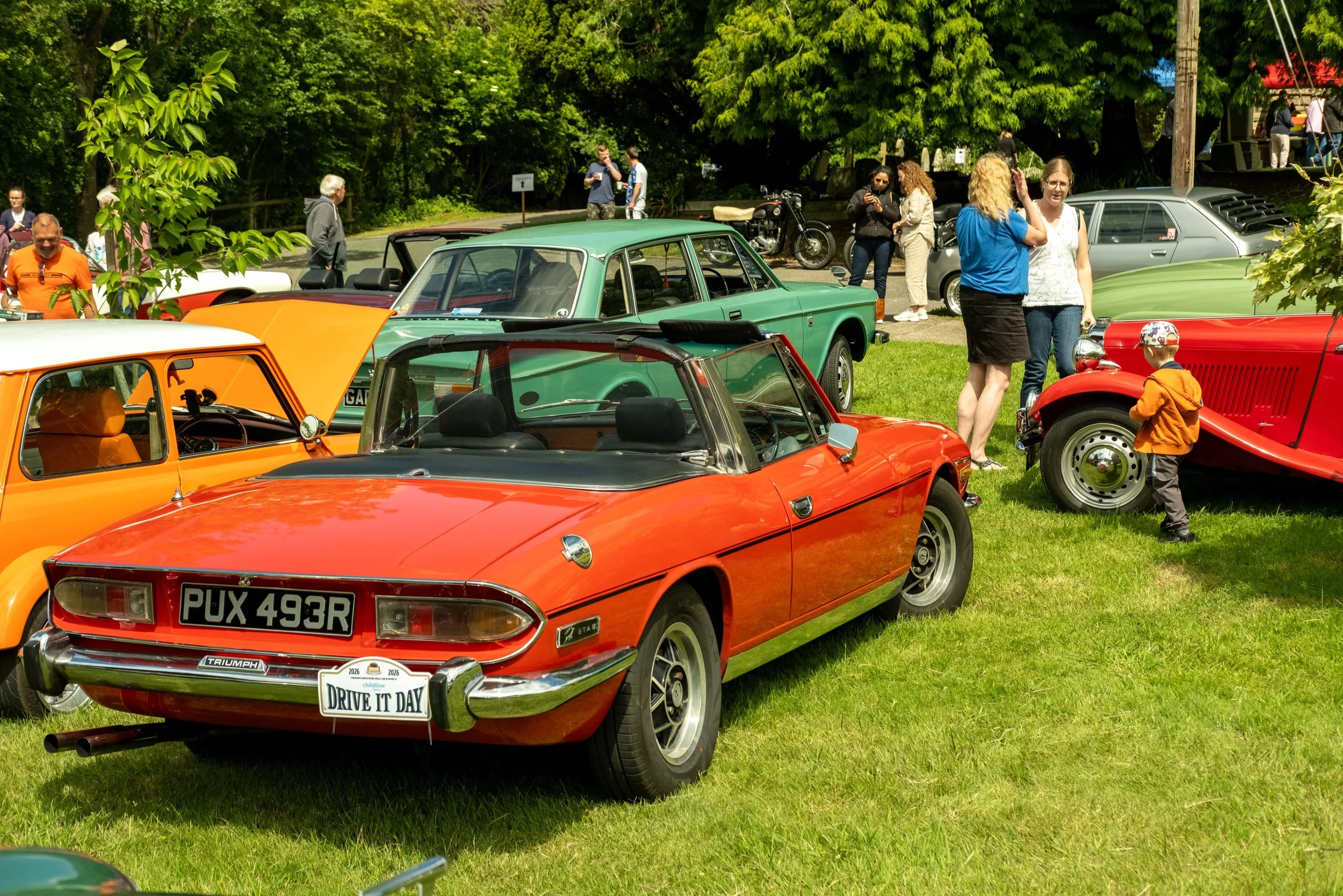 A crowd of people at a vintage car show outdoors on a grassy area, with multiple classic cars on display including a red Triumph with a 'Drive It Day' license plate, and several other colorful vintage cars in the background.