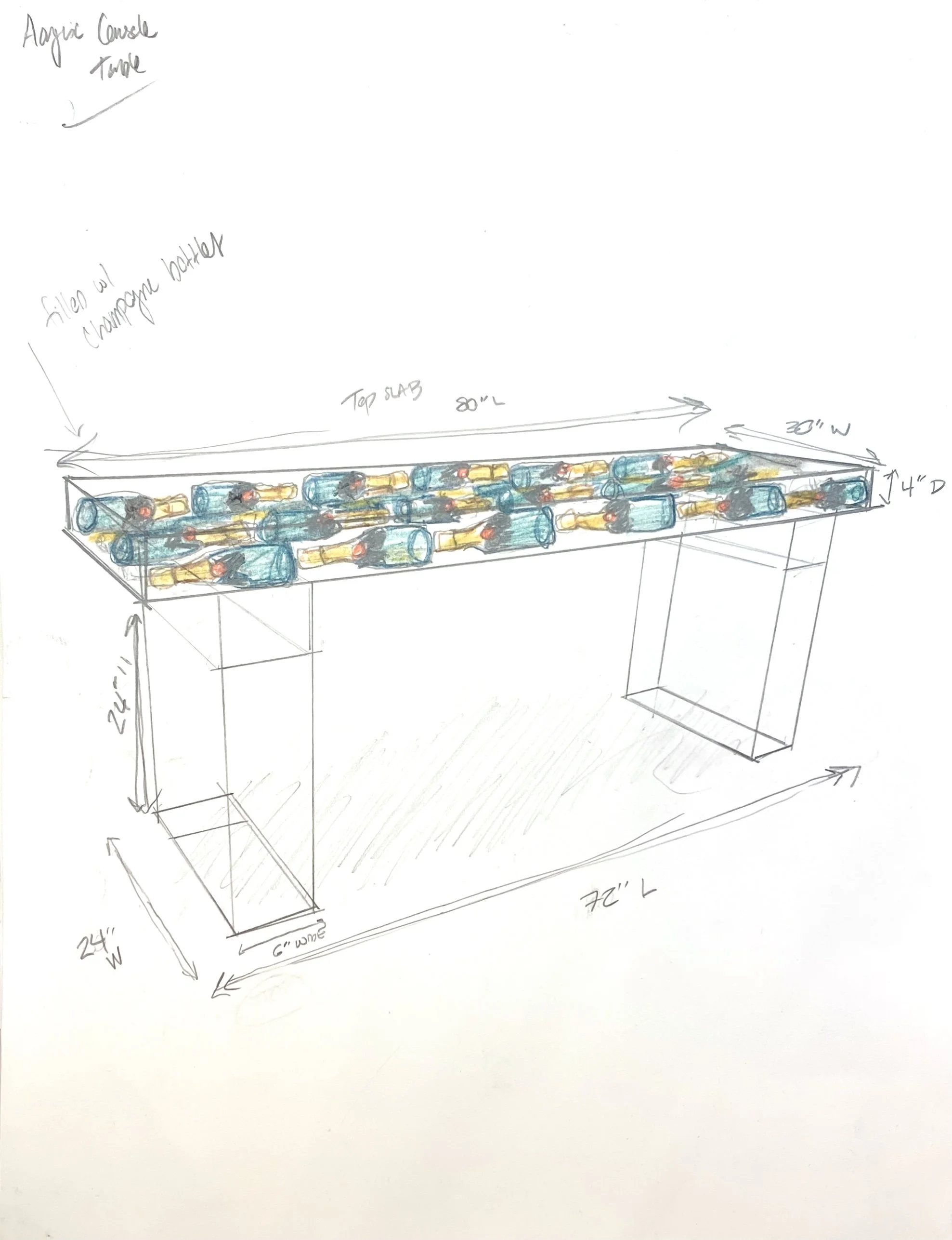 Hand-drawn sketch of an acrylic console table filled with champange bottles. The dimensions and notes, such as 80"L, 30"W, and 24"H, are written around the rendering.