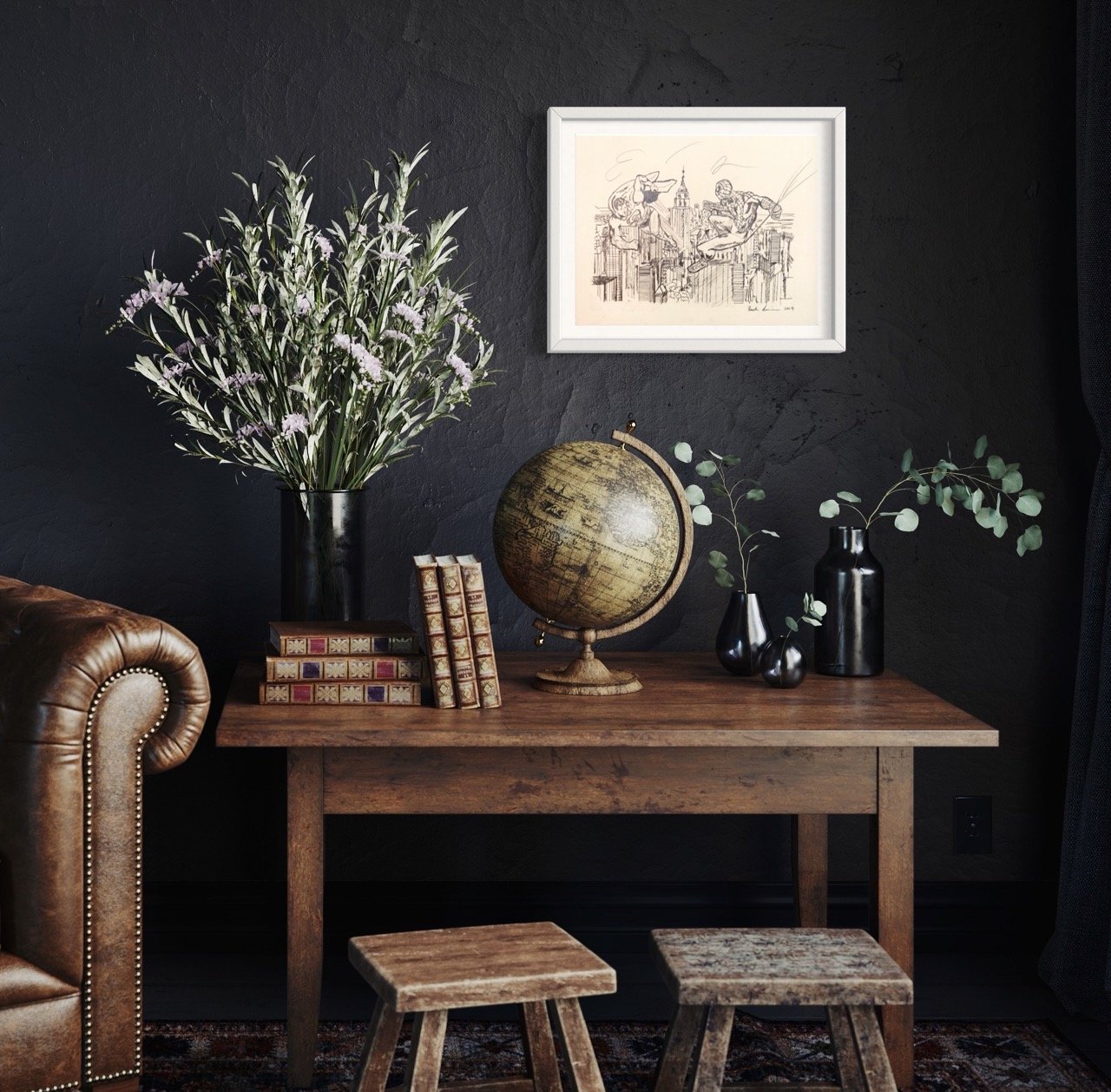 "A sepia-toned sketch of superheroes in action by Kristin Simmons is mounted on a dark wall, above a rustic wooden table with decorative items: a bouquet of flowers in a vase, a vintage globe, and elegant black vases with sprigs. A leather armchair a